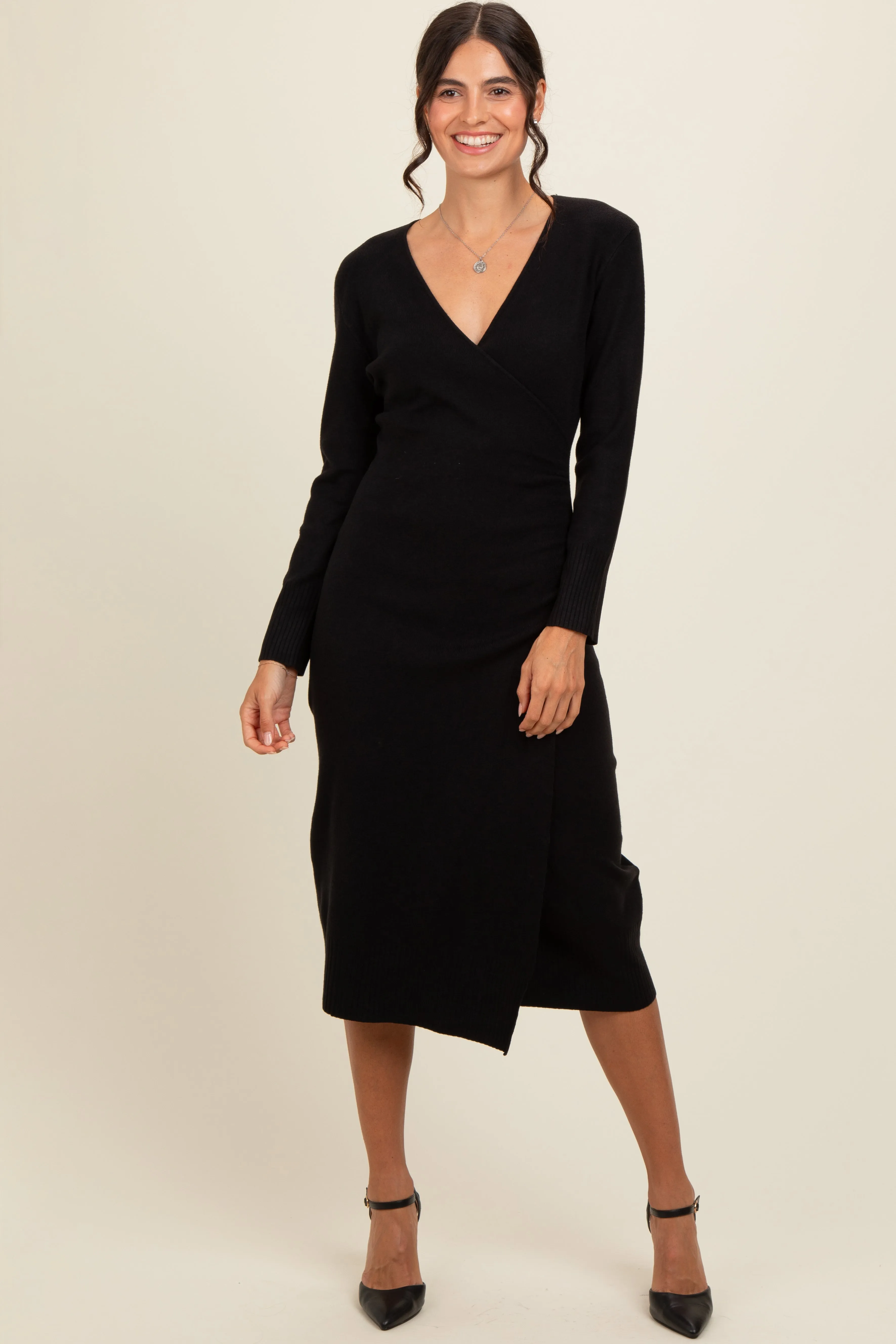 Black Knit Crossover Ruched Midi Dress sold by Pinkblush product image thumbnail 2