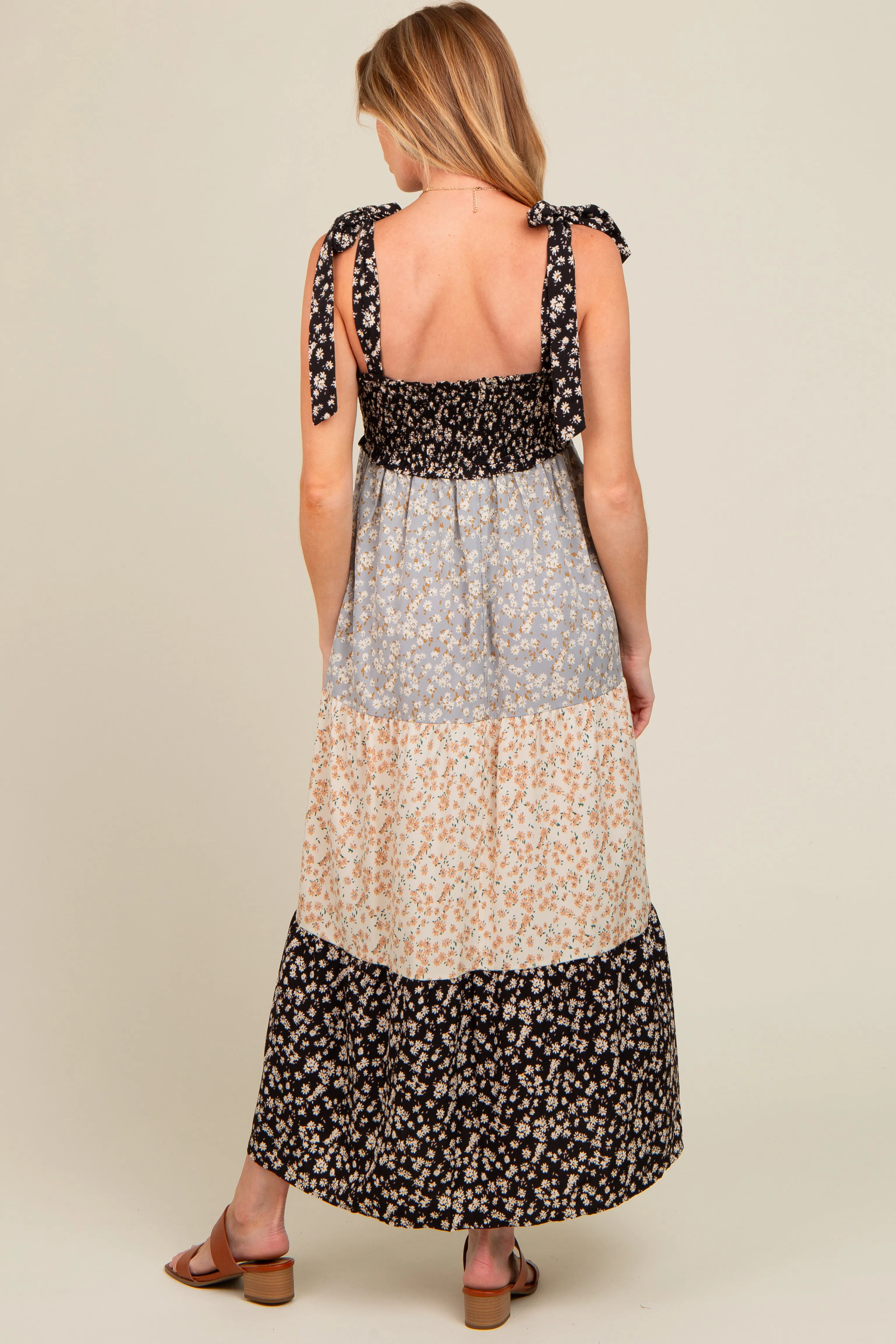 Multicolor Floral Colorblock Tier Shoulder Tie Maternity Maxi Dress sold by Pinkblush product image thumbnail 4