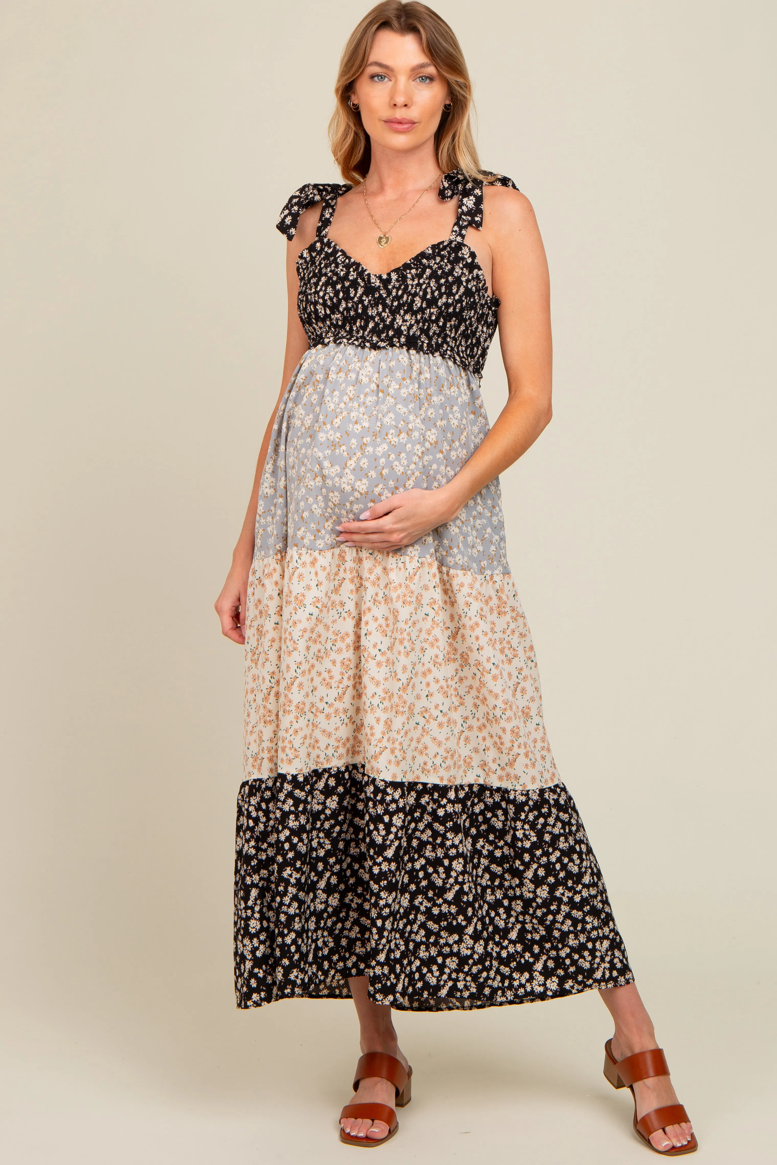 Multicolor Floral Colorblock Tier Shoulder Tie Maternity Maxi Dress sold by Pinkblush