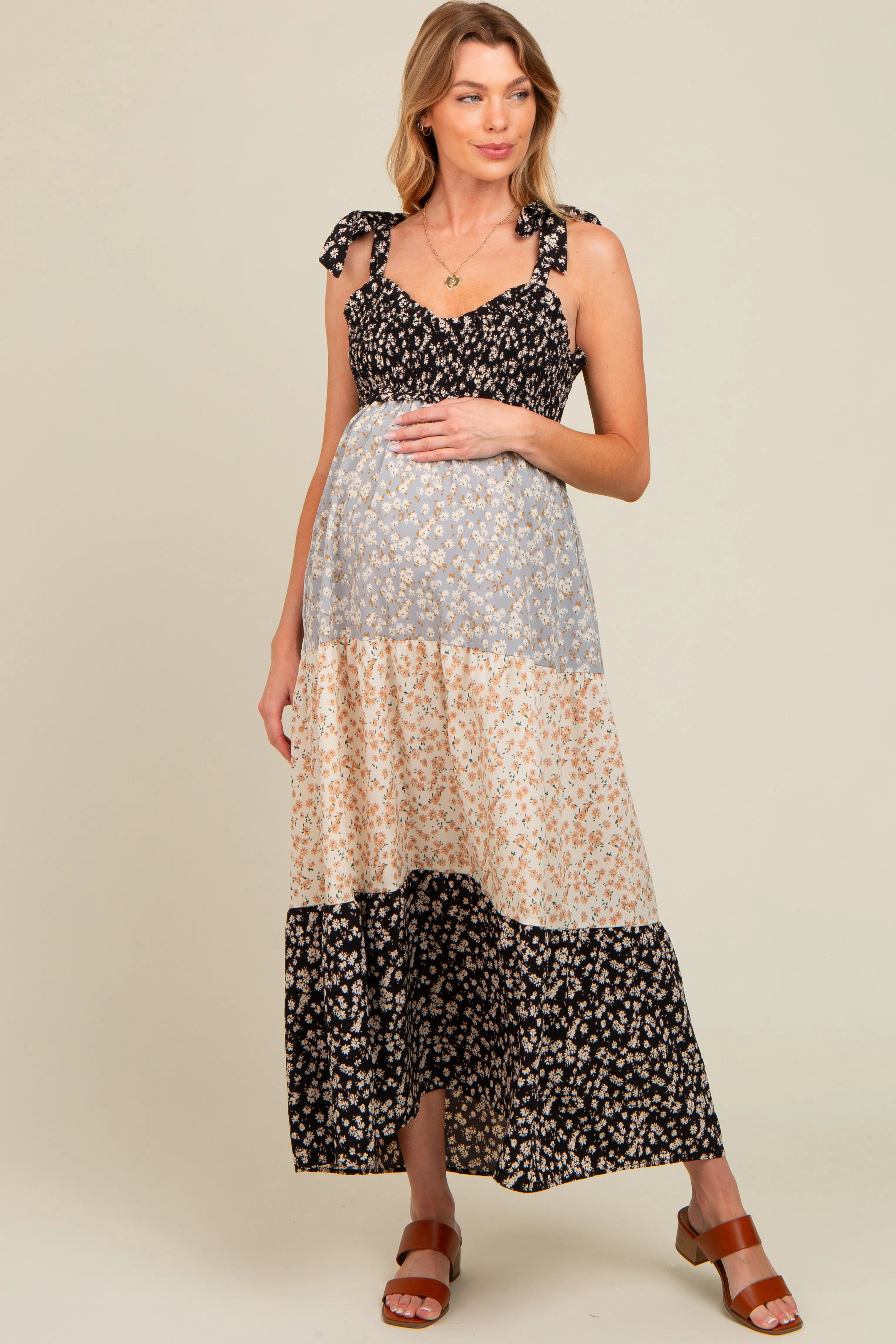 Multicolor Floral Colorblock Tier Shoulder Tie Maternity Maxi Dress sold by Pinkblush product image thumbnail 2