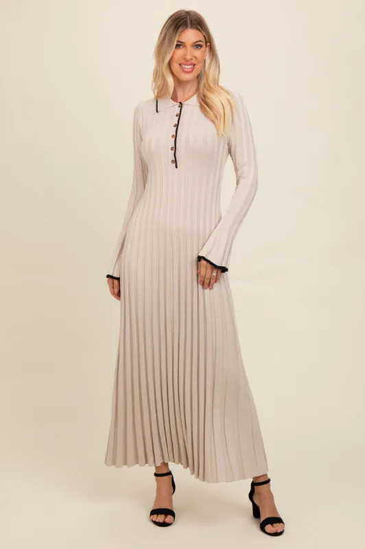 Beige Ribbed Knit Collared Button Up Maxi Dress sold by Pinkblush