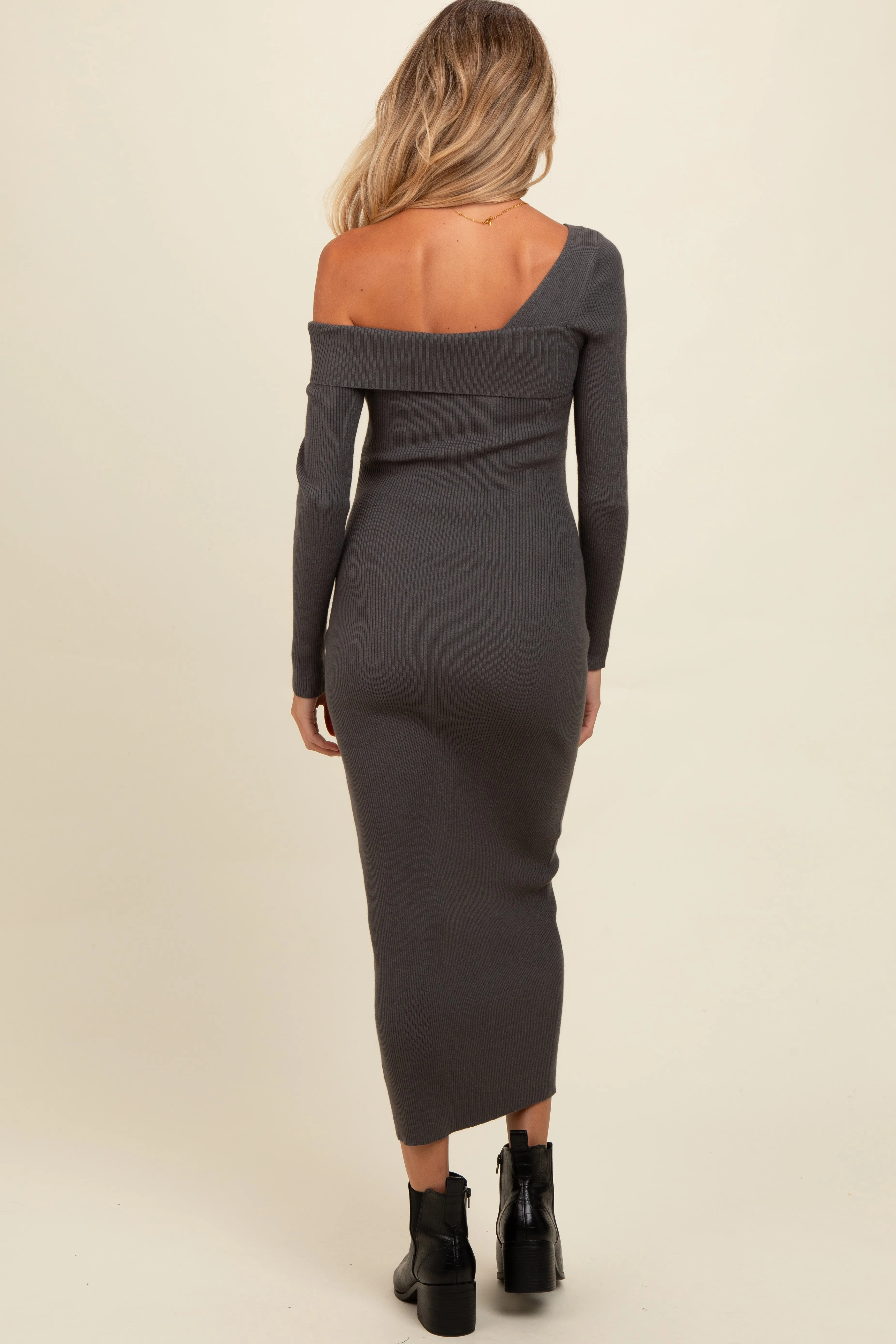 Charcoal Foldover One Shoulder Maternity Maxi Sweater Dress sold by Pinkblush product image thumbnail 3
