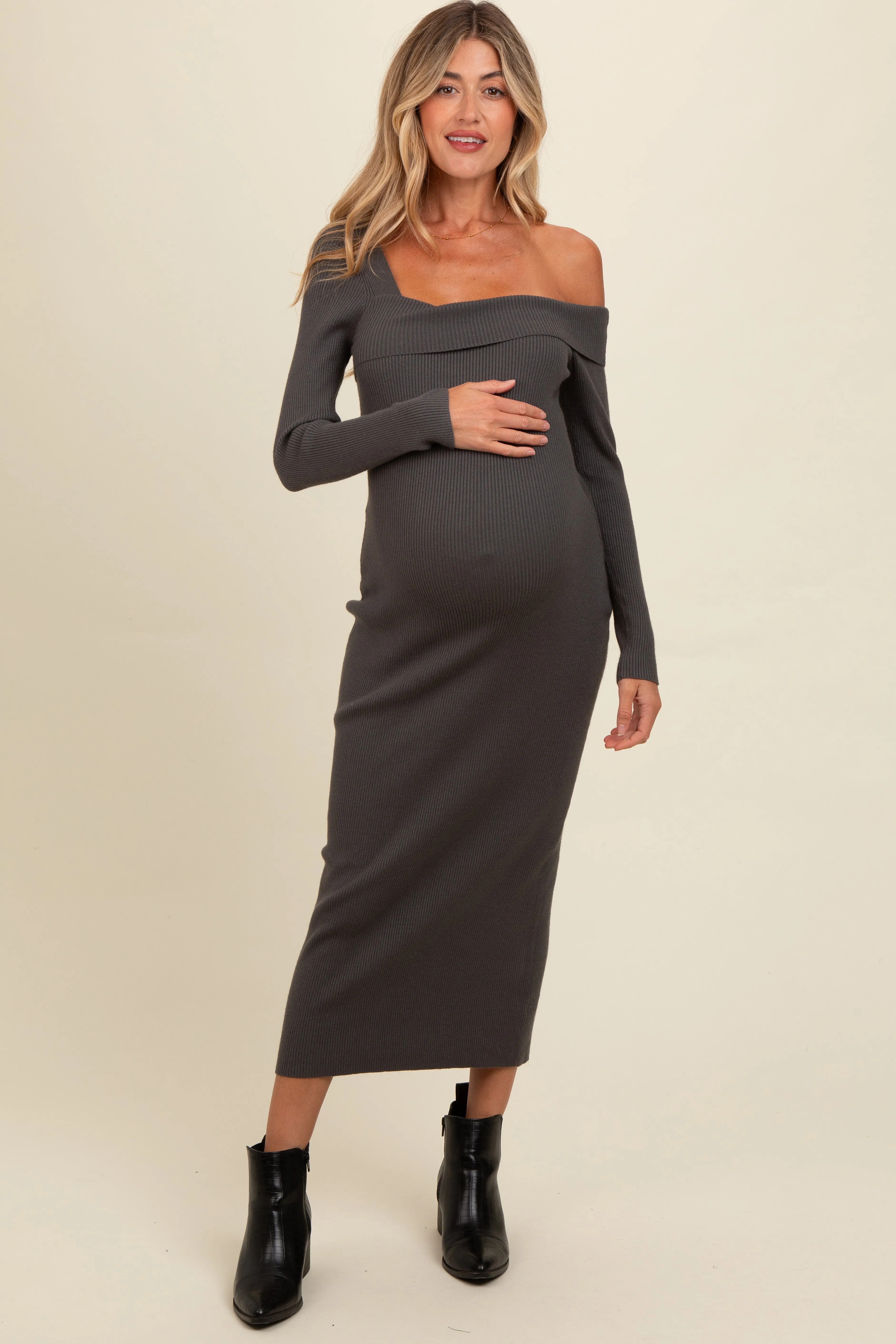 Charcoal Foldover One Shoulder Maternity Maxi Sweater Dress sold by Pinkblush
