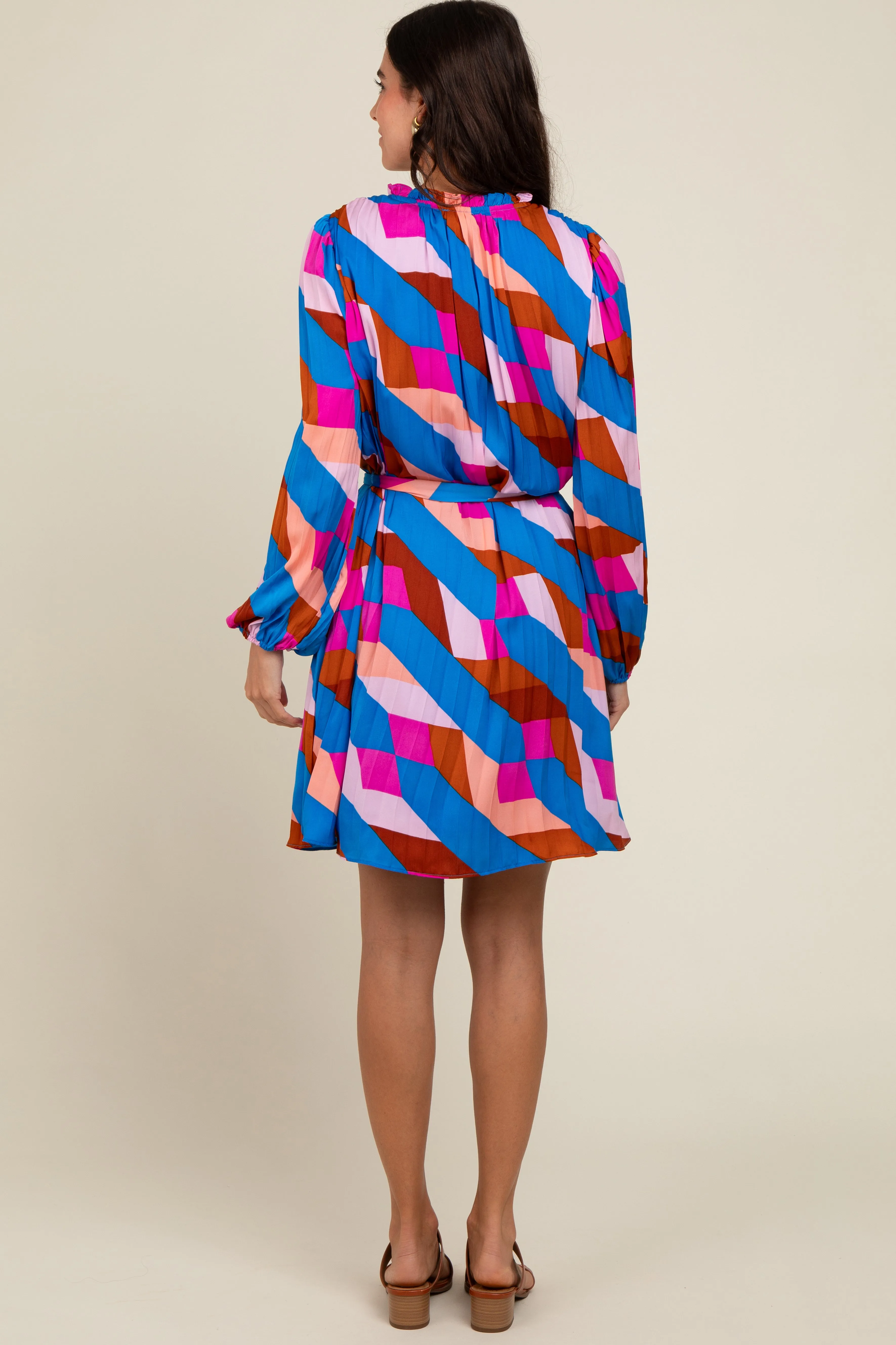 Blue Geometric Front Tie Long Puff Sleeve Dress sold by Pinkblush product image thumbnail 3