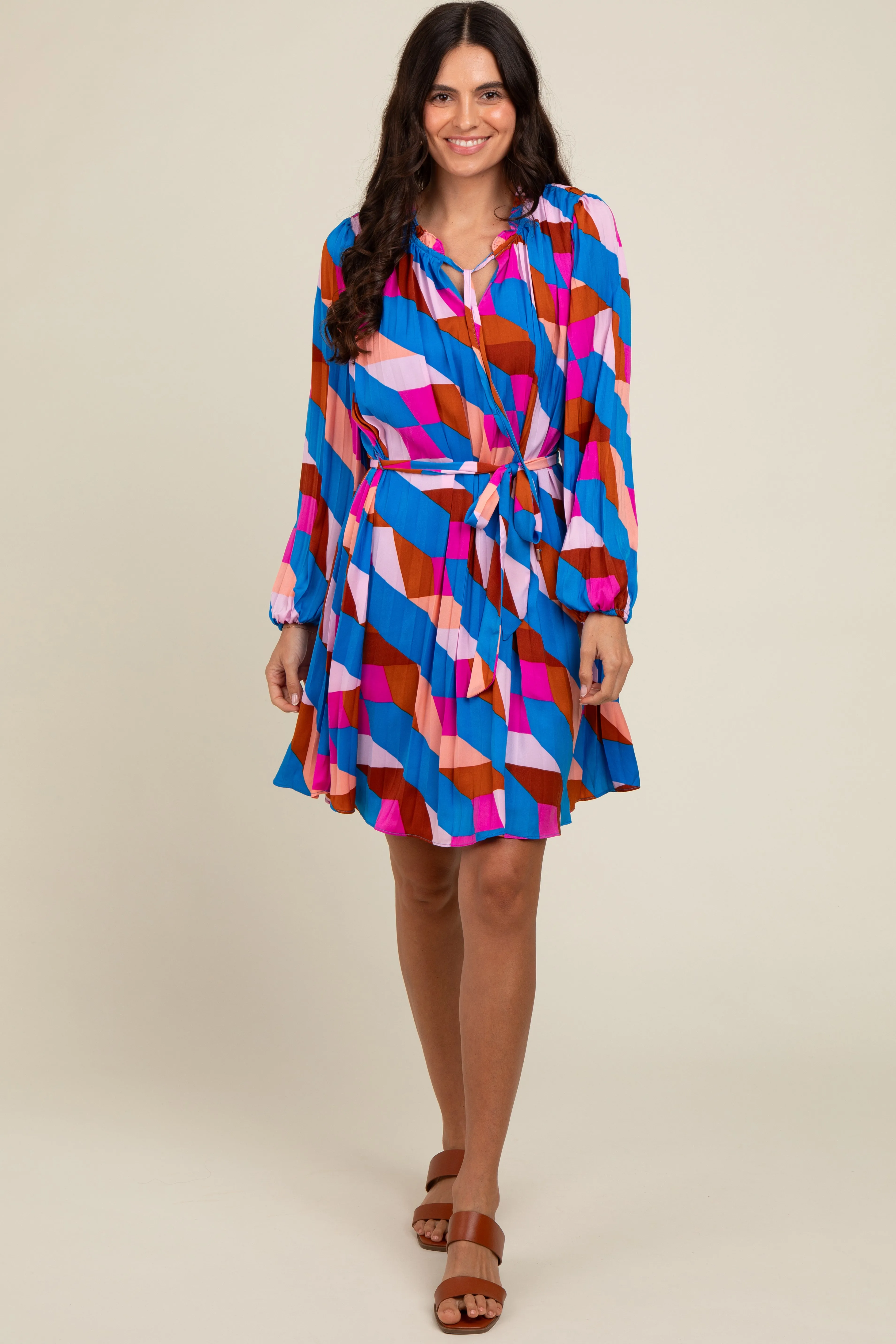 Blue Geometric Front Tie Long Puff Sleeve Dress sold by Pinkblush