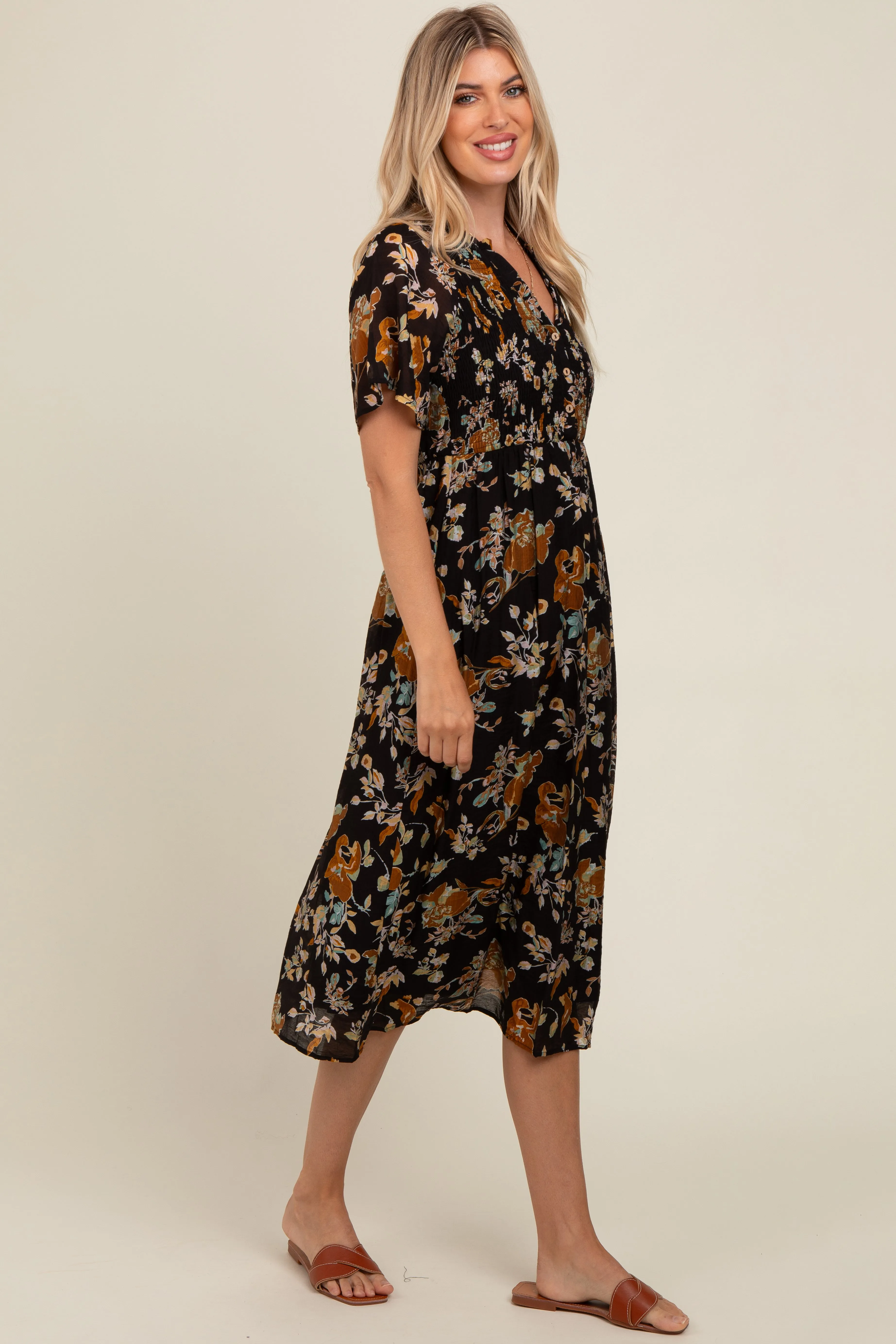 Black Smocked Floral Midi Dress sold by Pinkblush product image thumbnail 3