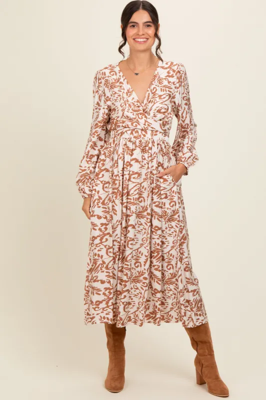 Cream Abstract Floral Gathered Front Midi Dress sold by Pinkblush