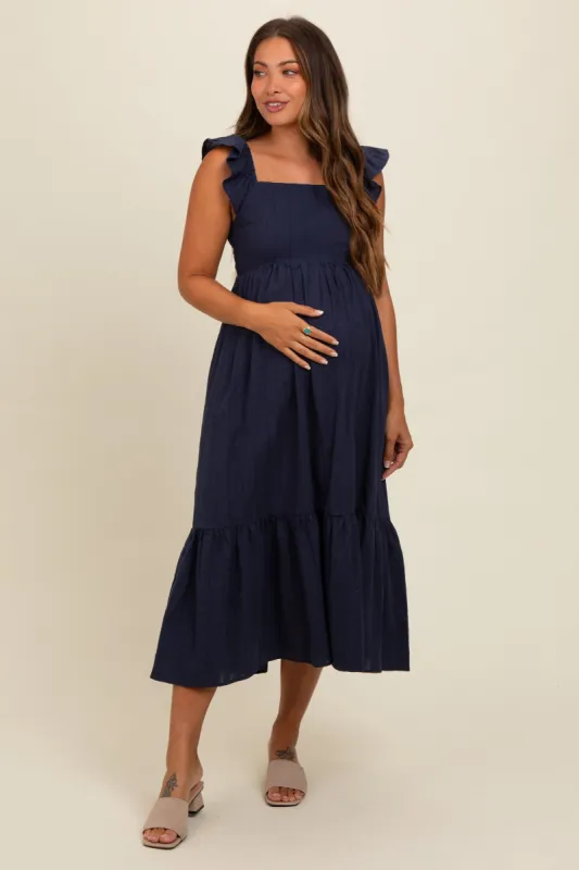 Navy Blue Textured Cotton Ruffle Strap Maternity Midi Dress sold by Pinkblush