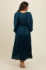 Teal Satin Pleated V-Neck Maternity Maxi Dress sold by Pinkblush