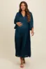Teal Satin Pleated V-Neck Maternity Maxi Dress sold by Pinkblush