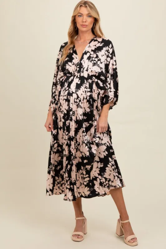 Black Floral Satin Pleated V-Neck Maternity Maxi Dress sold by Pinkblush