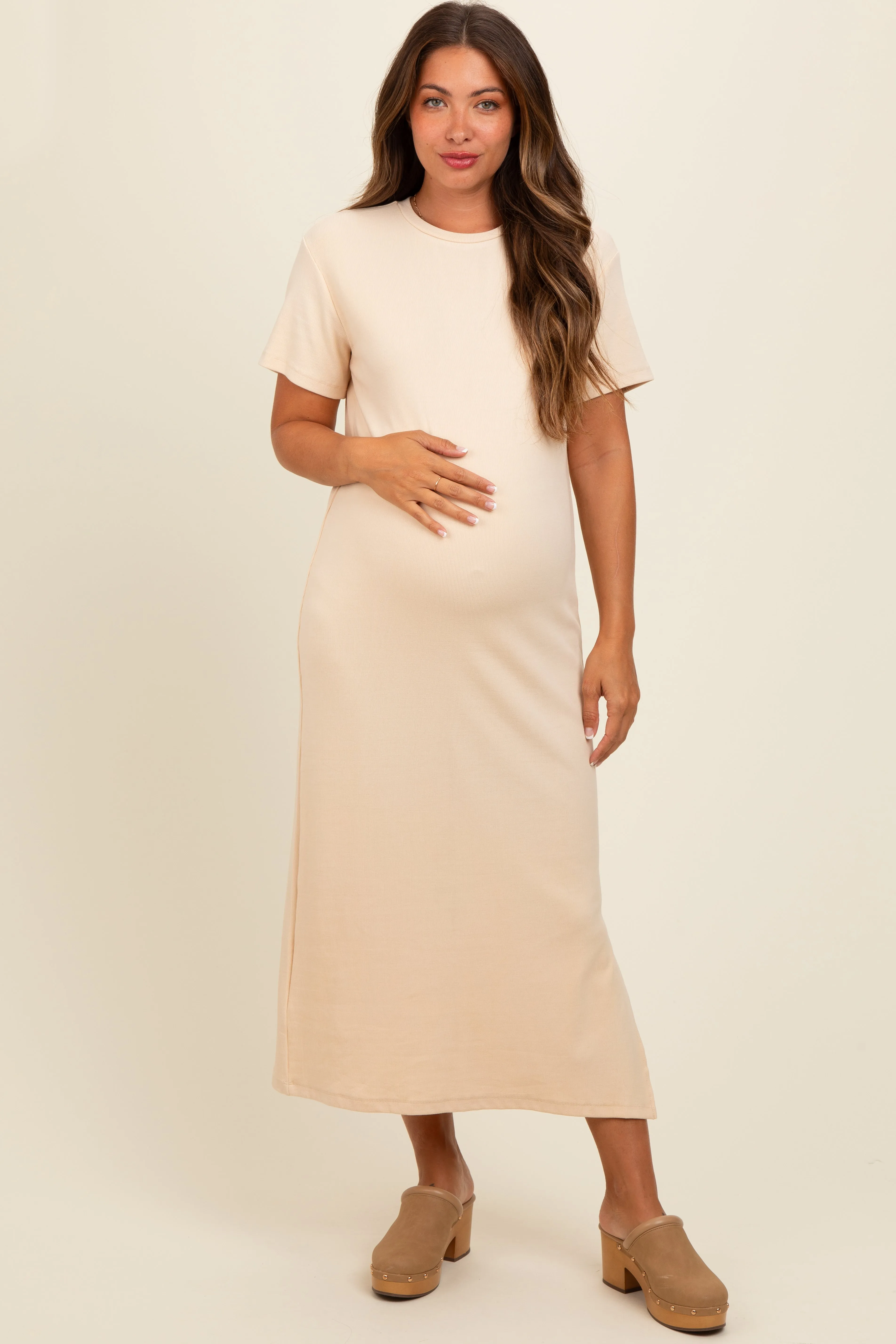 Cream Short Sleeve Side Slit Maternity T-Shirt Midi Dress sold by Pinkblush