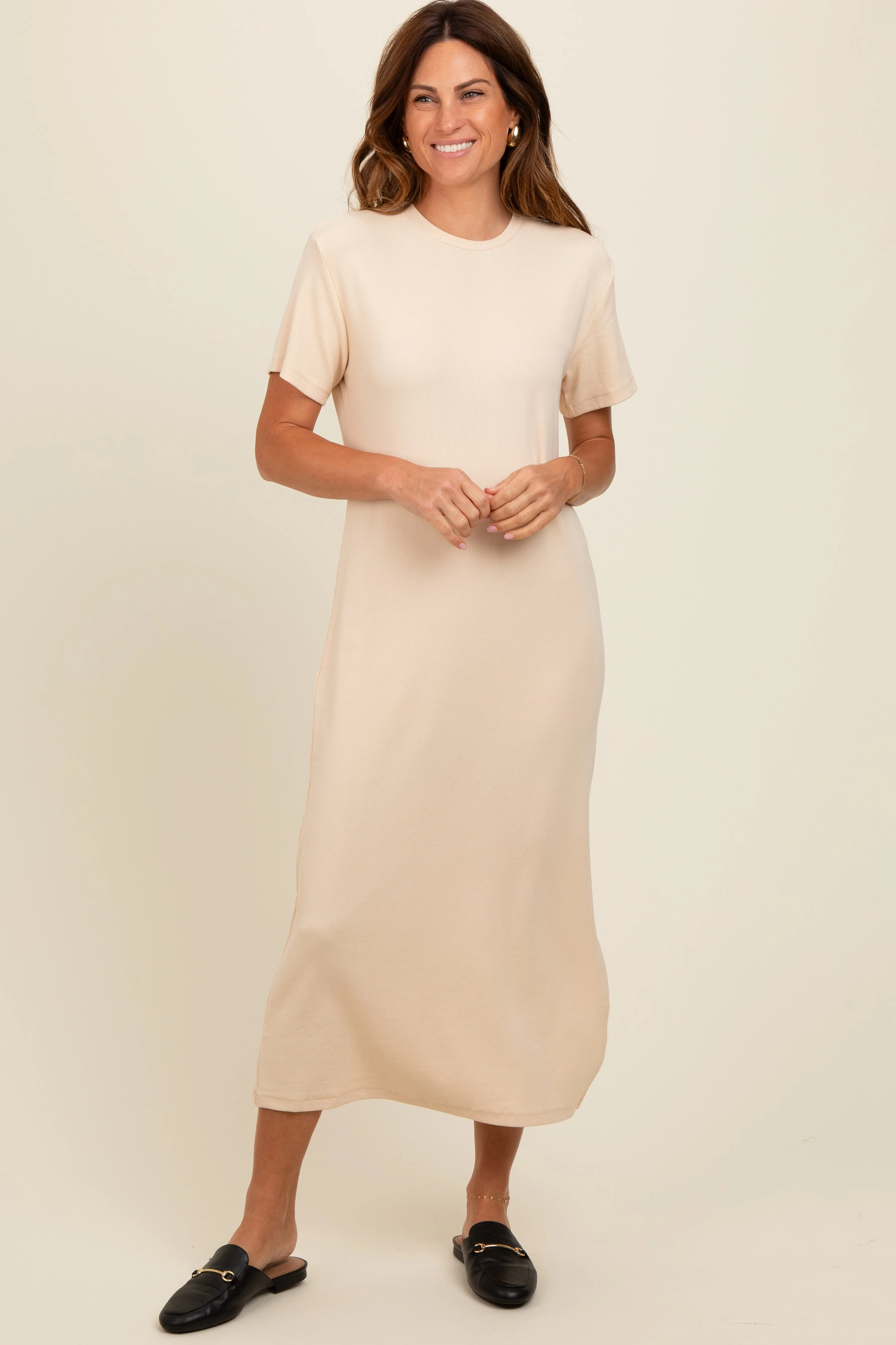 Cream Short Sleeve Side Slit Maternity T-Shirt Midi Dress sold by Pinkblush product image thumbnail 5