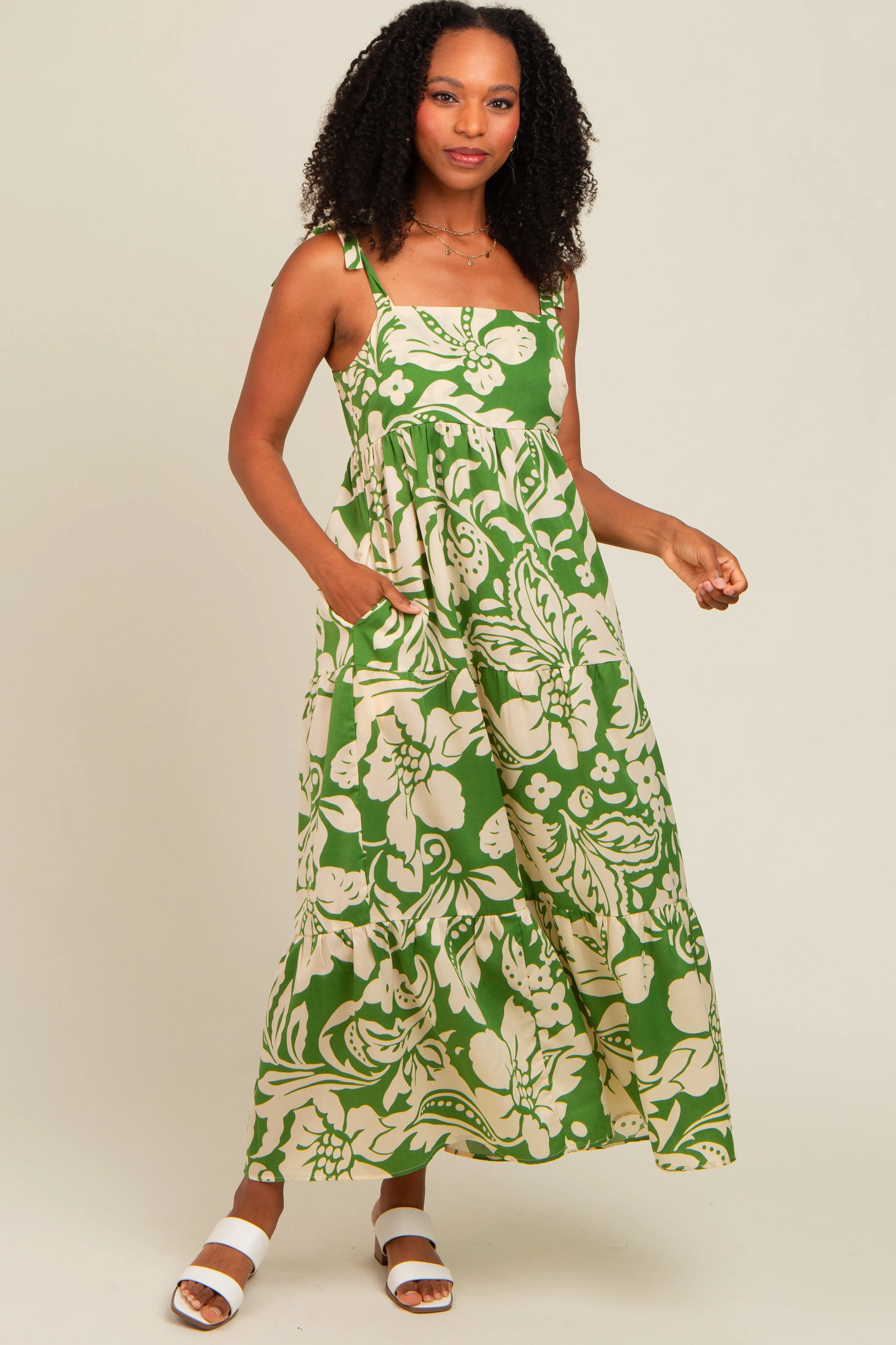 Green Tropical Floral Shoulder Tie Tiered Midi Dress sold by Pinkblush product image thumbnail 2