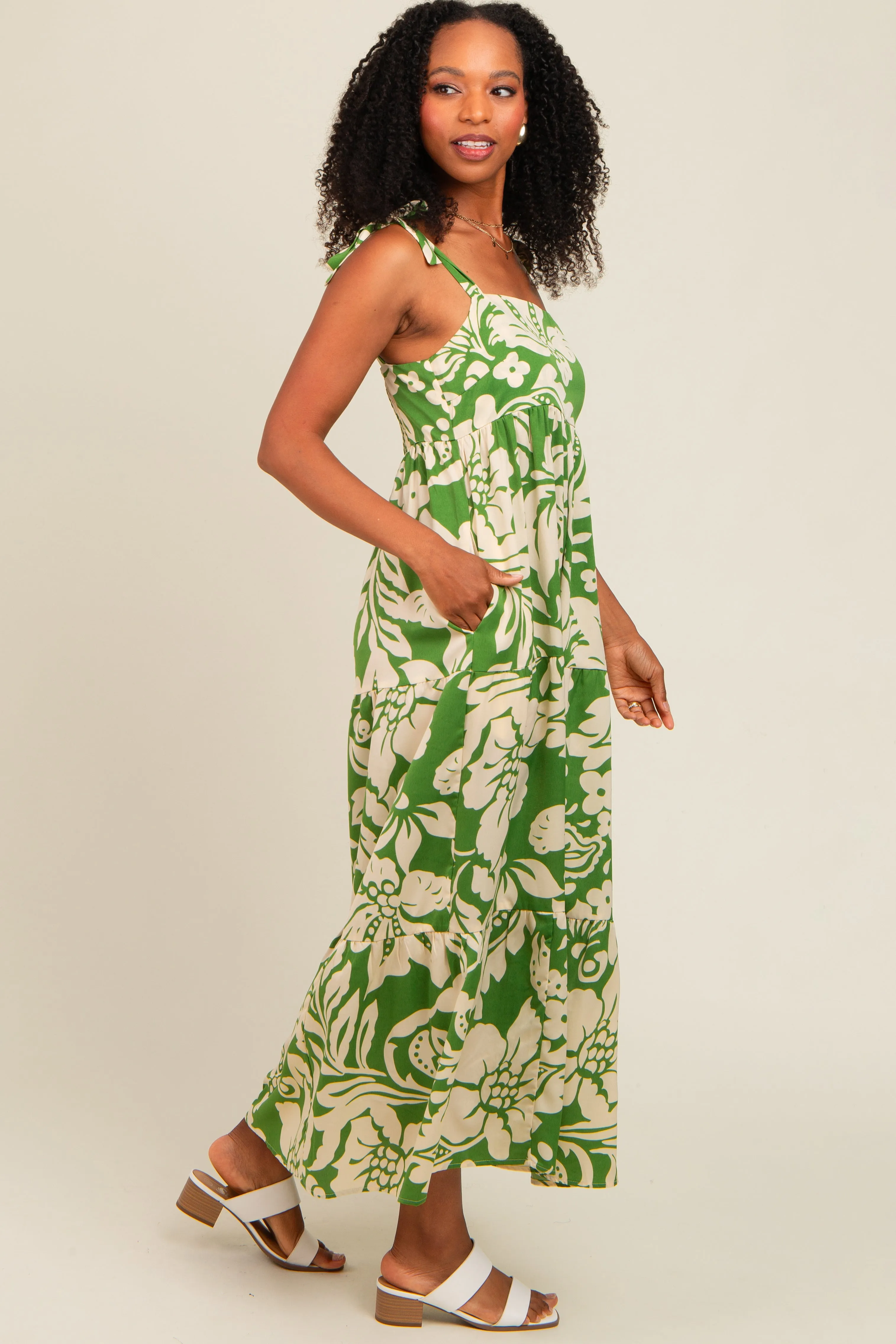 Green Tropical Floral Shoulder Tie Tiered Midi Dress sold by Pinkblush product image thumbnail 3