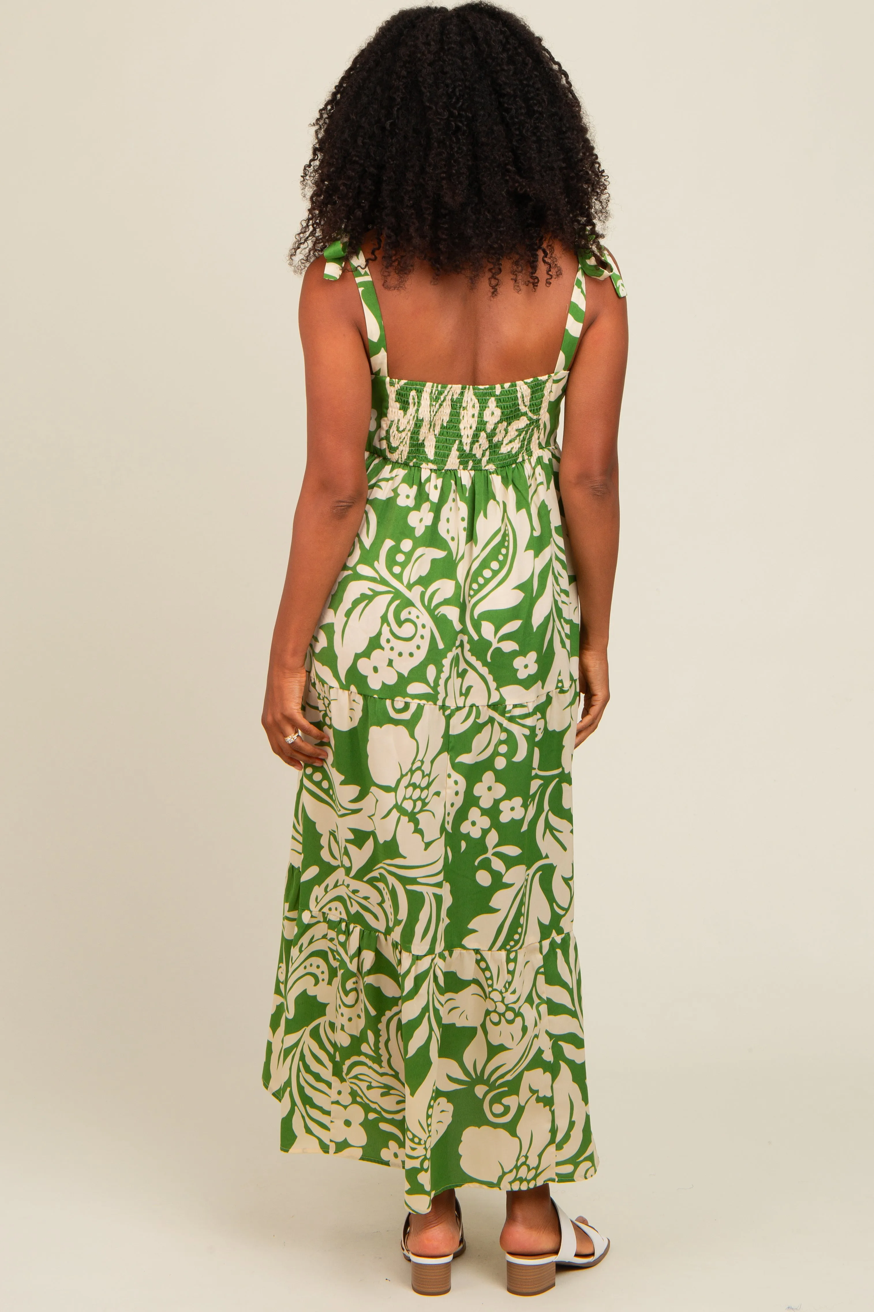 Green Tropical Floral Shoulder Tie Tiered Midi Dress sold by Pinkblush product image thumbnail 4