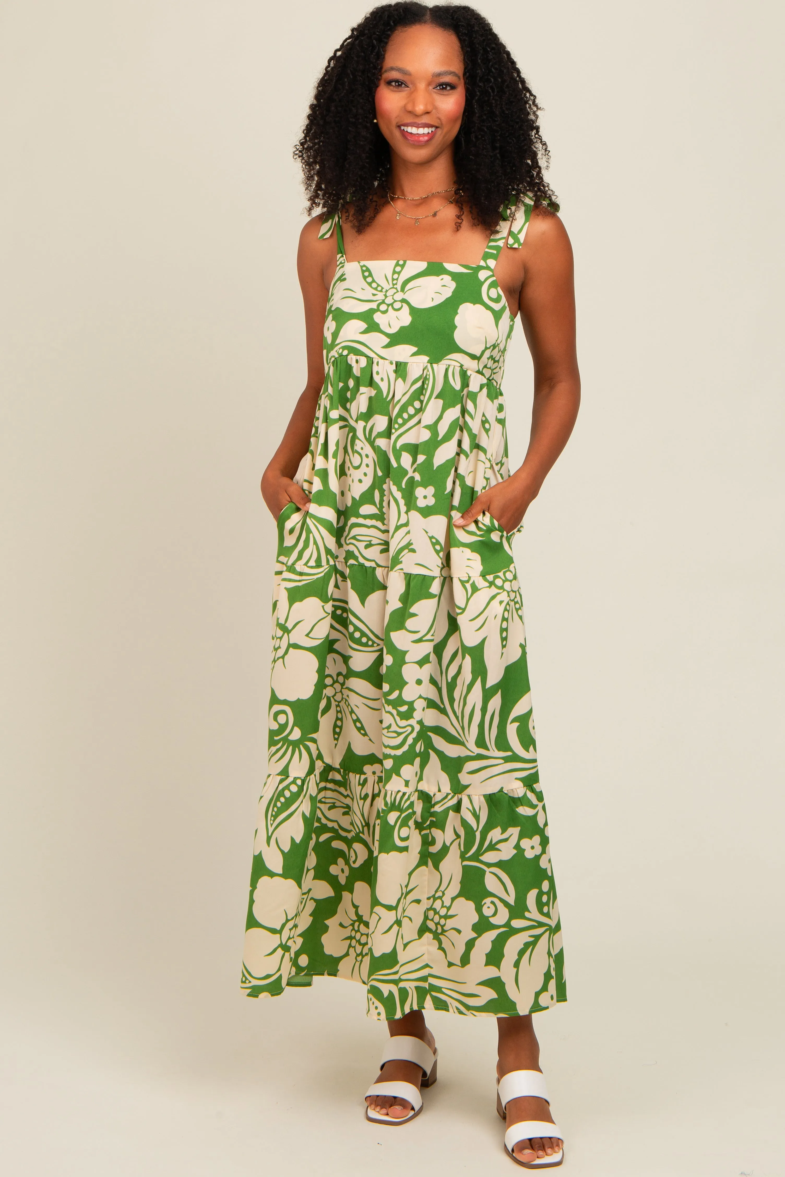 Green Tropical Floral Shoulder Tie Tiered Midi Dress sold by Pinkblush