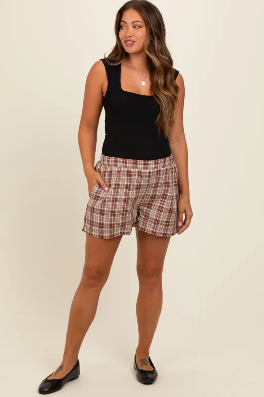 Brown Plaid Pocketed Maternity Shorts sold by Pinkblush