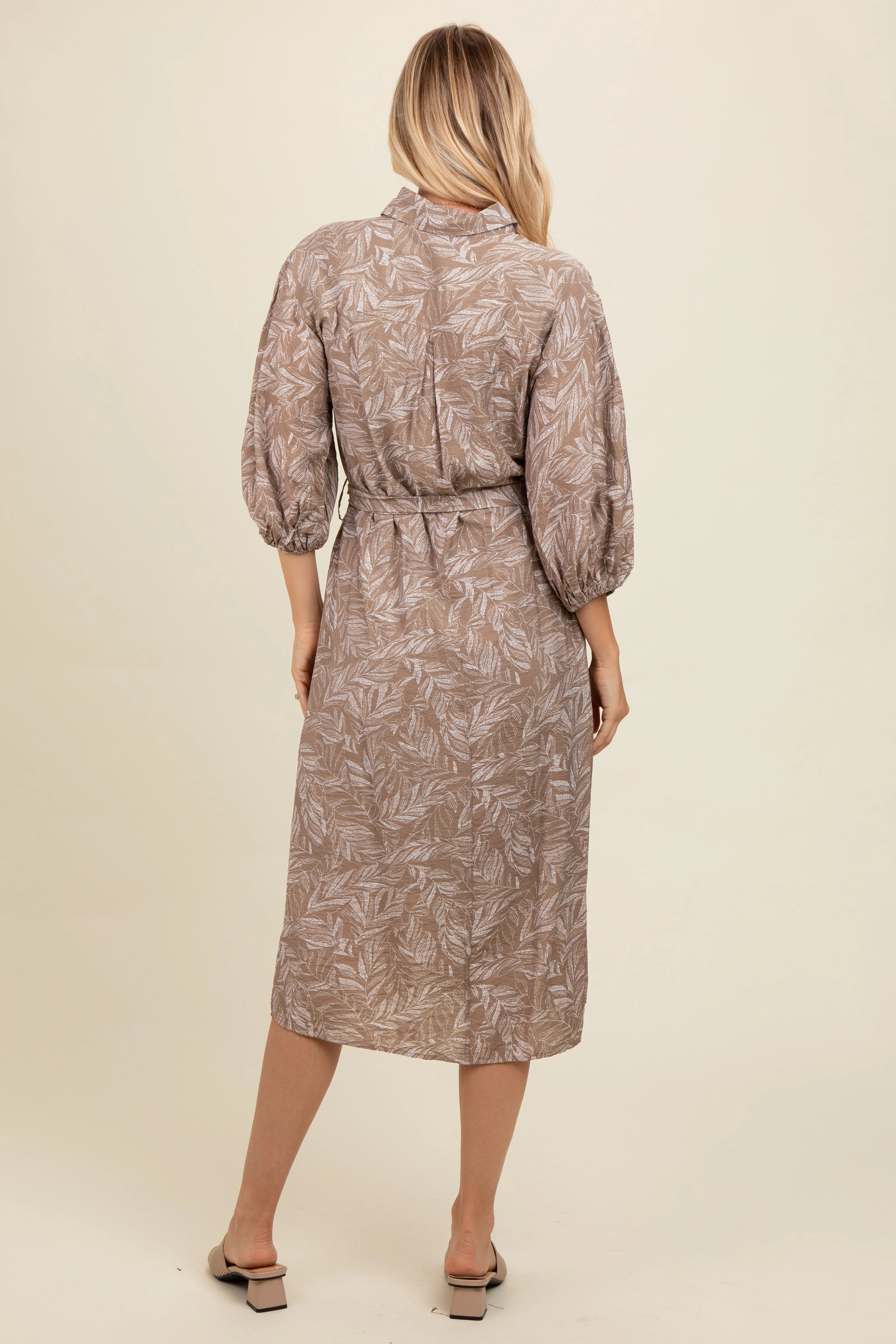 Mocha Leaf Print Button Down Front Tie Midi Dress sold by Pinkblush product image thumbnail 3