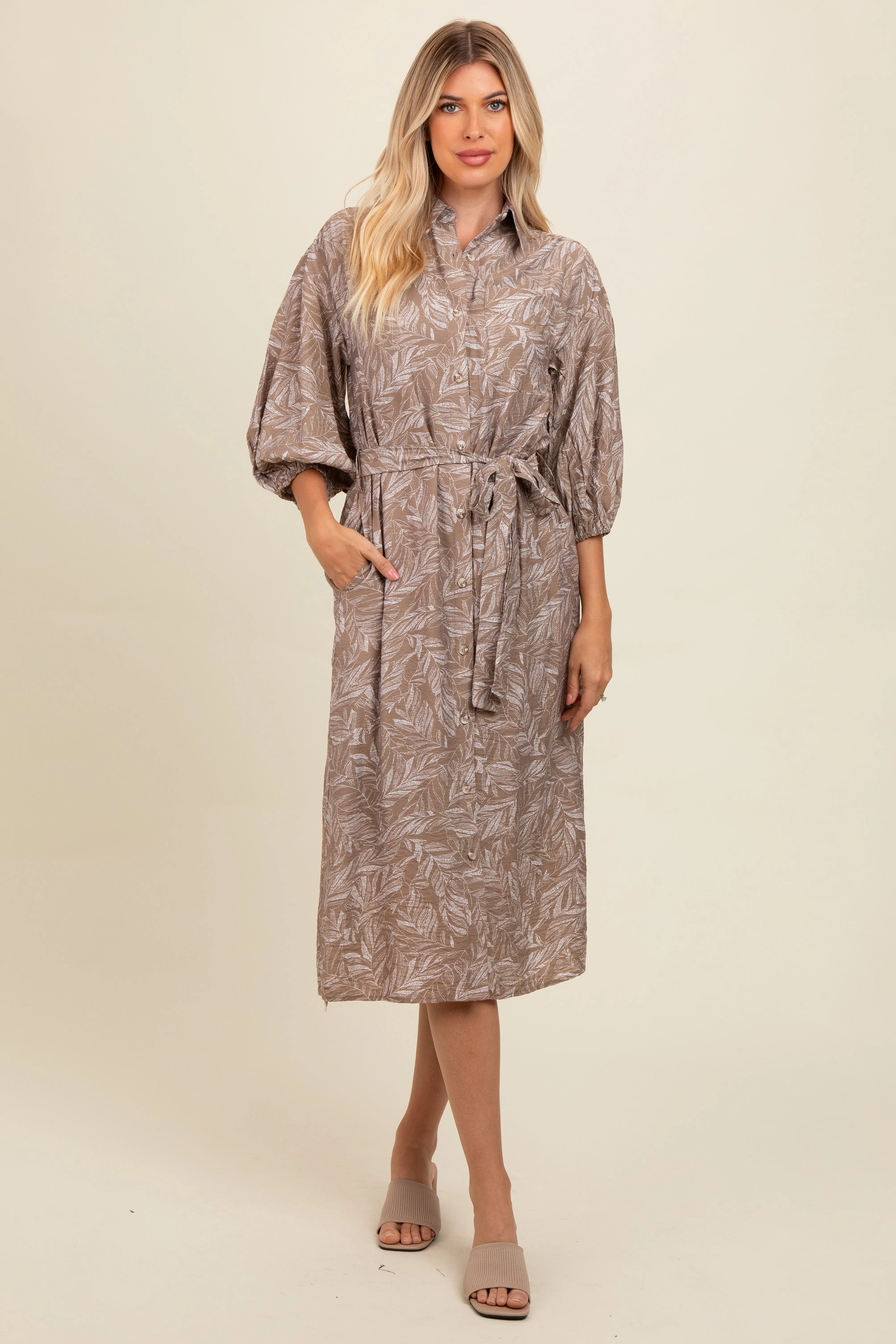 Mocha Leaf Print Button Down Front Tie Midi Dress sold by Pinkblush