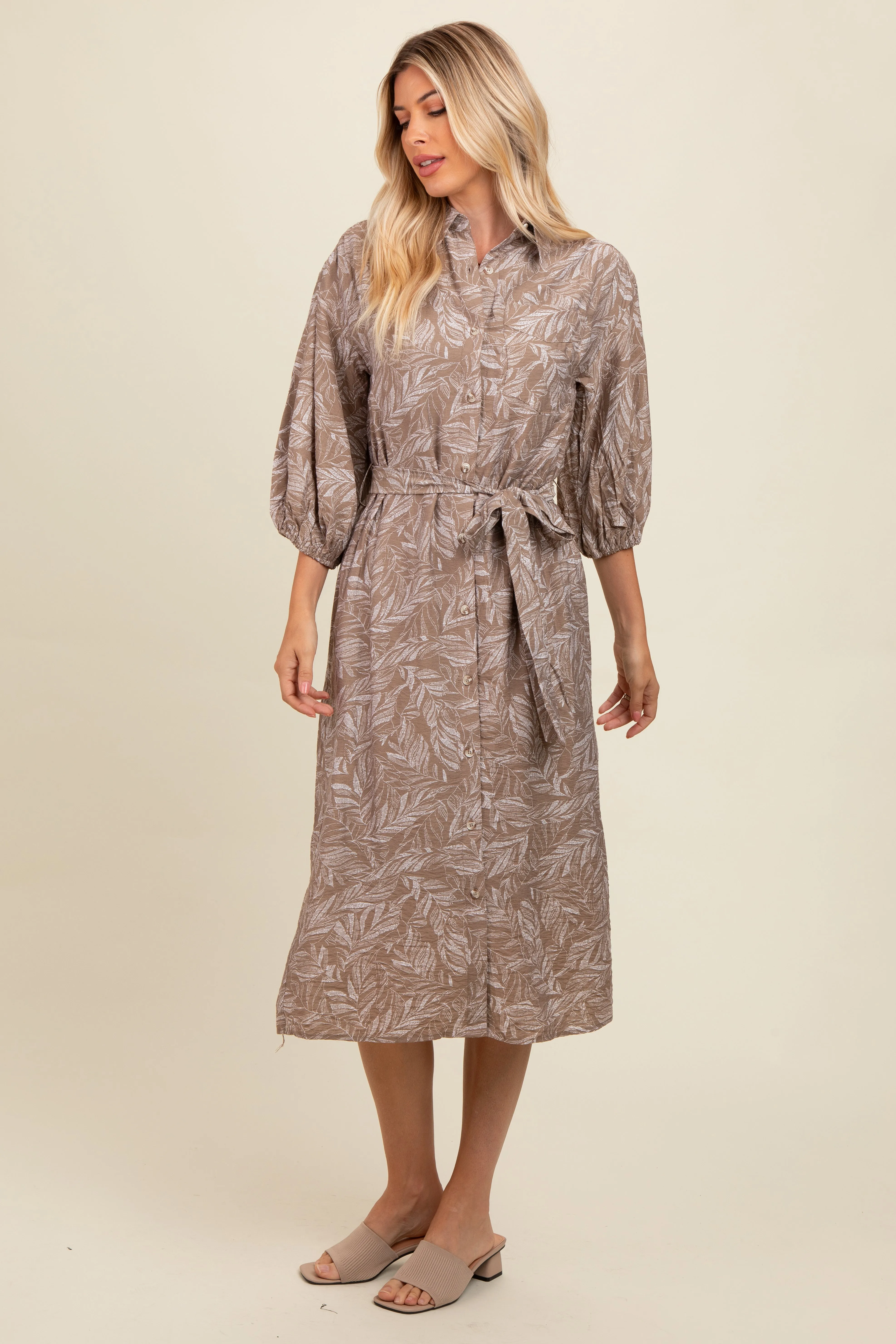 Mocha Leaf Print Button Down Front Tie Midi Dress sold by Pinkblush product image thumbnail 2