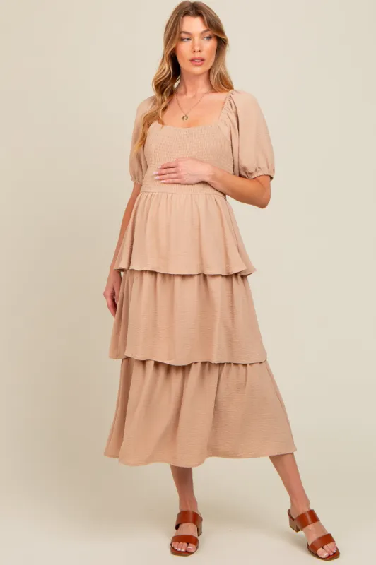 Mocha Smocked Body Ruffled Tiered Maternity Midi Dress sold by Pinkblush