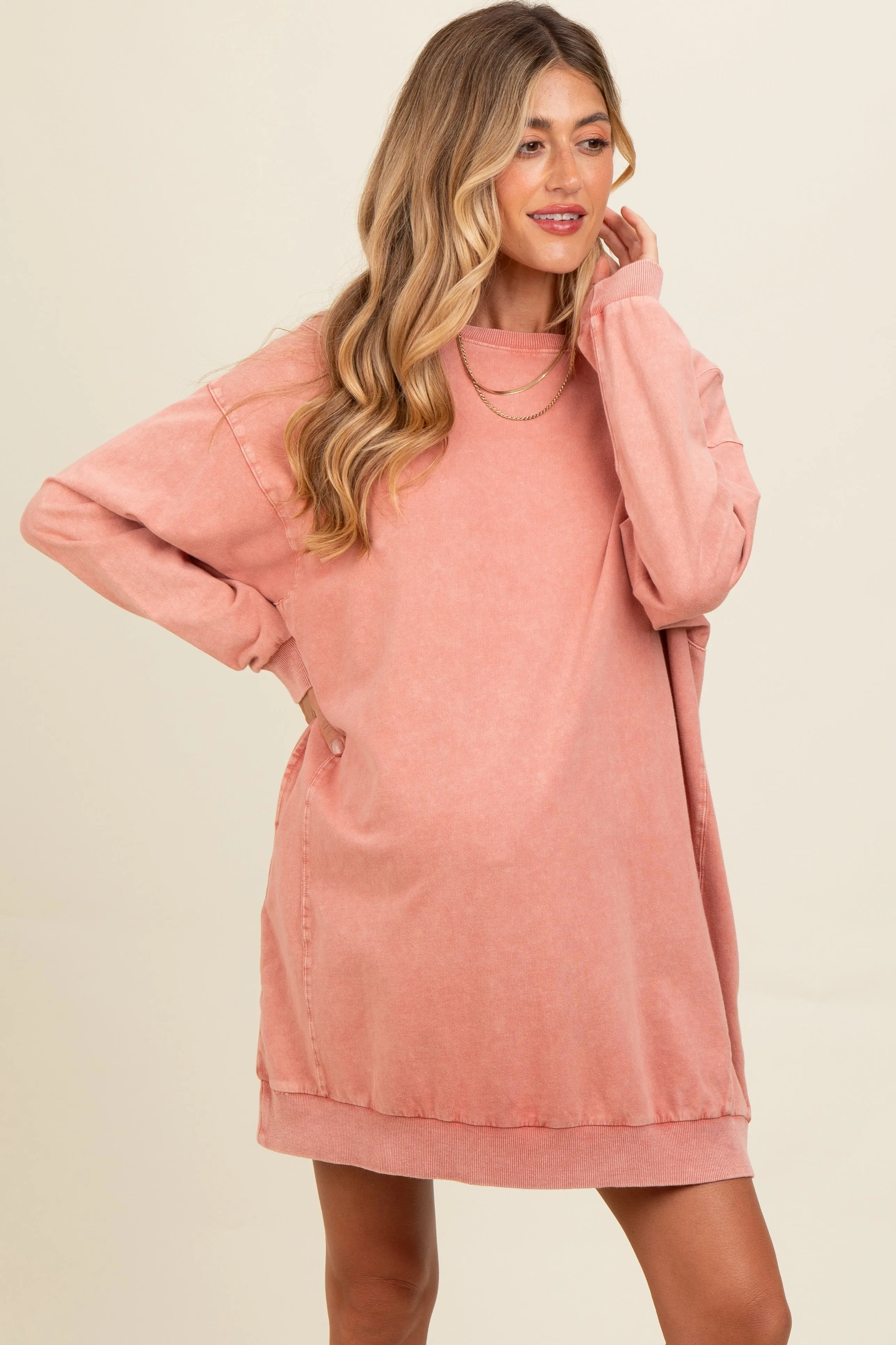 Salmon Mineral Wash Maternity Sweatshirt Dress sold by Pinkblush
