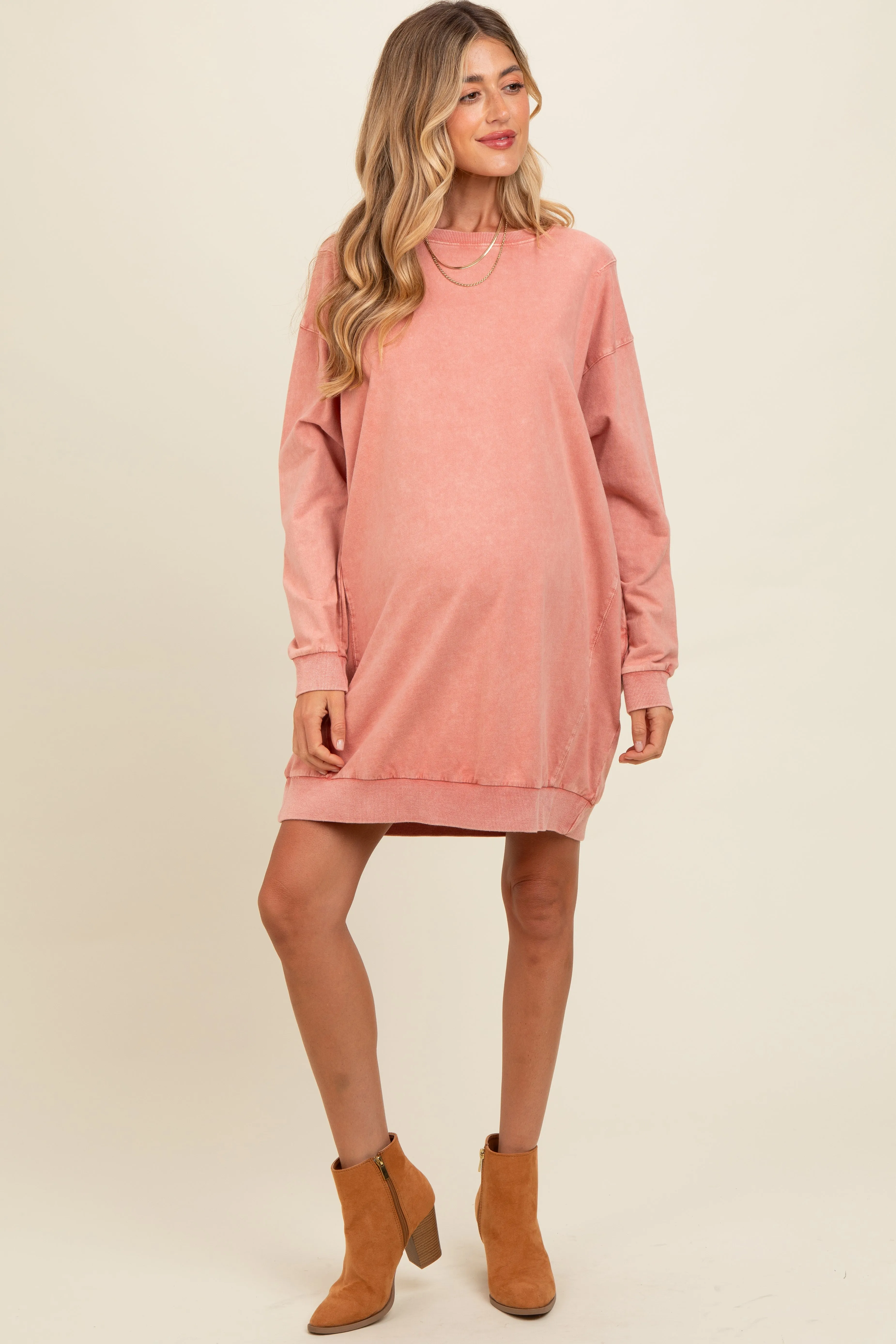 Salmon Mineral Wash Maternity Sweatshirt Dress sold by Pinkblush product image thumbnail 2