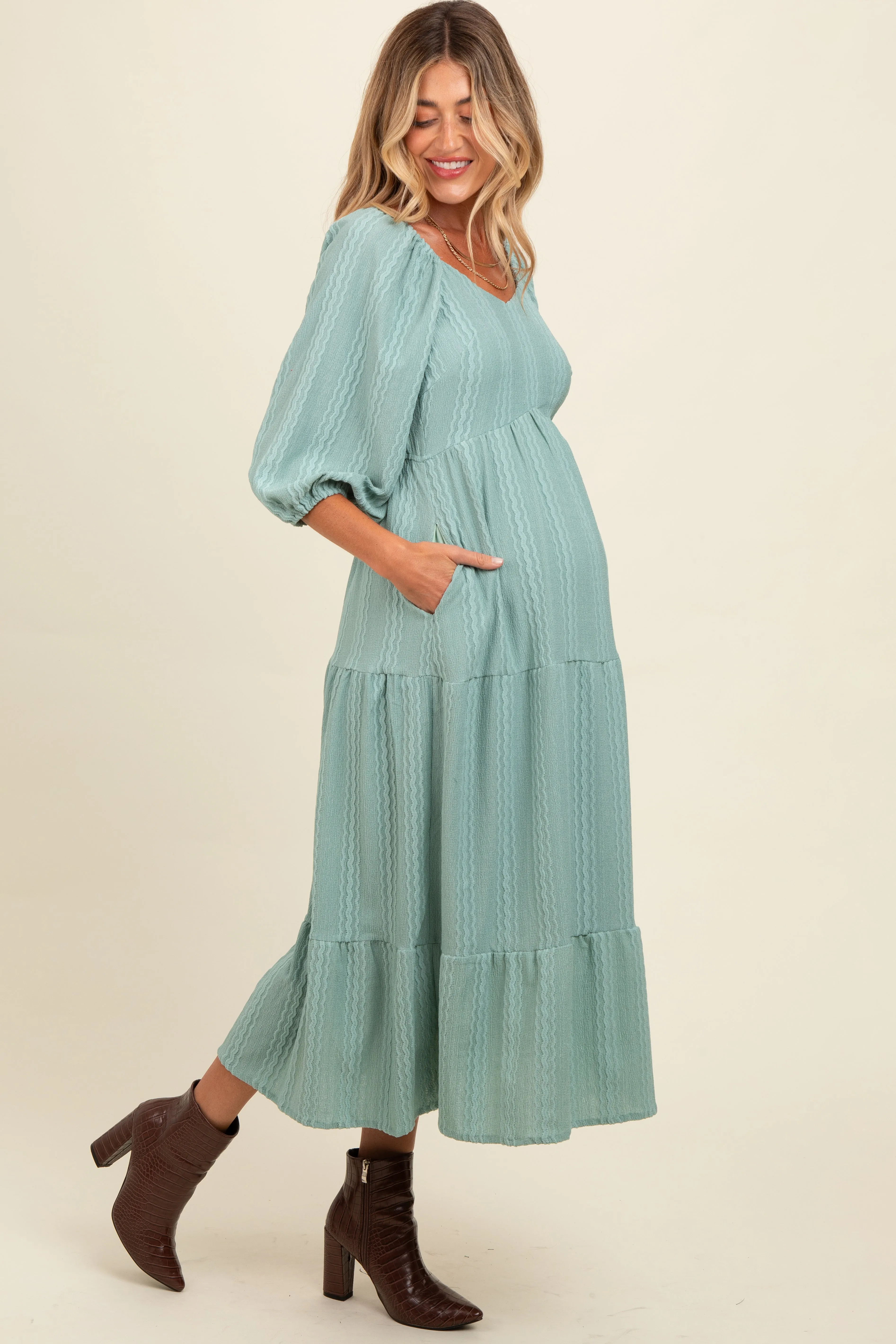 Light Olive Embroidered Tiered Maternity Midi Dress sold by Pinkblush product image thumbnail 3