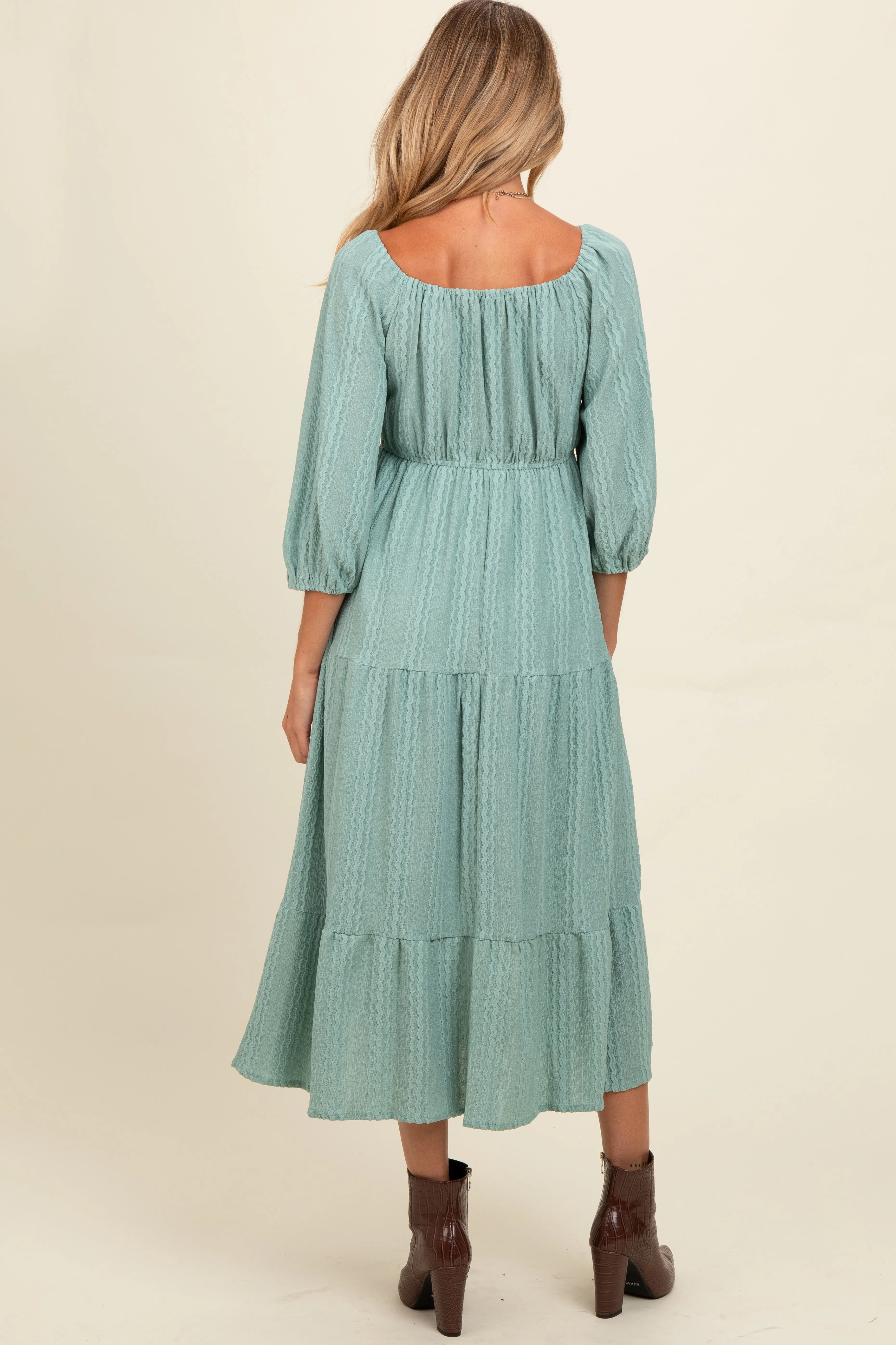 Light Olive Embroidered Tiered Maternity Midi Dress sold by Pinkblush product image thumbnail 4