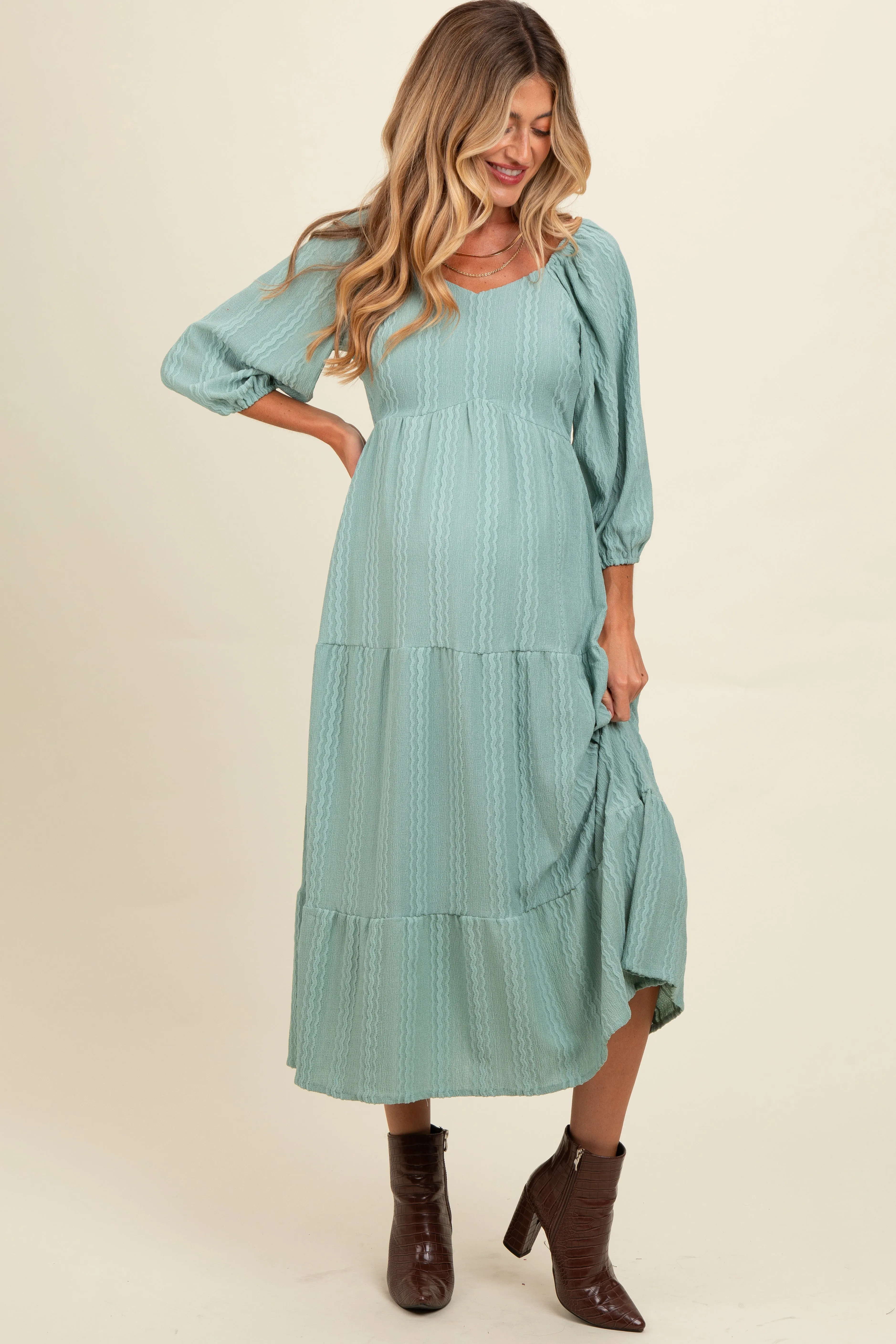 Light Olive Embroidered Tiered Maternity Midi Dress sold by Pinkblush