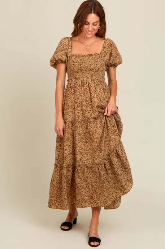 Mocha Floral Leopard Print Midi Dress sold by Pinkblush