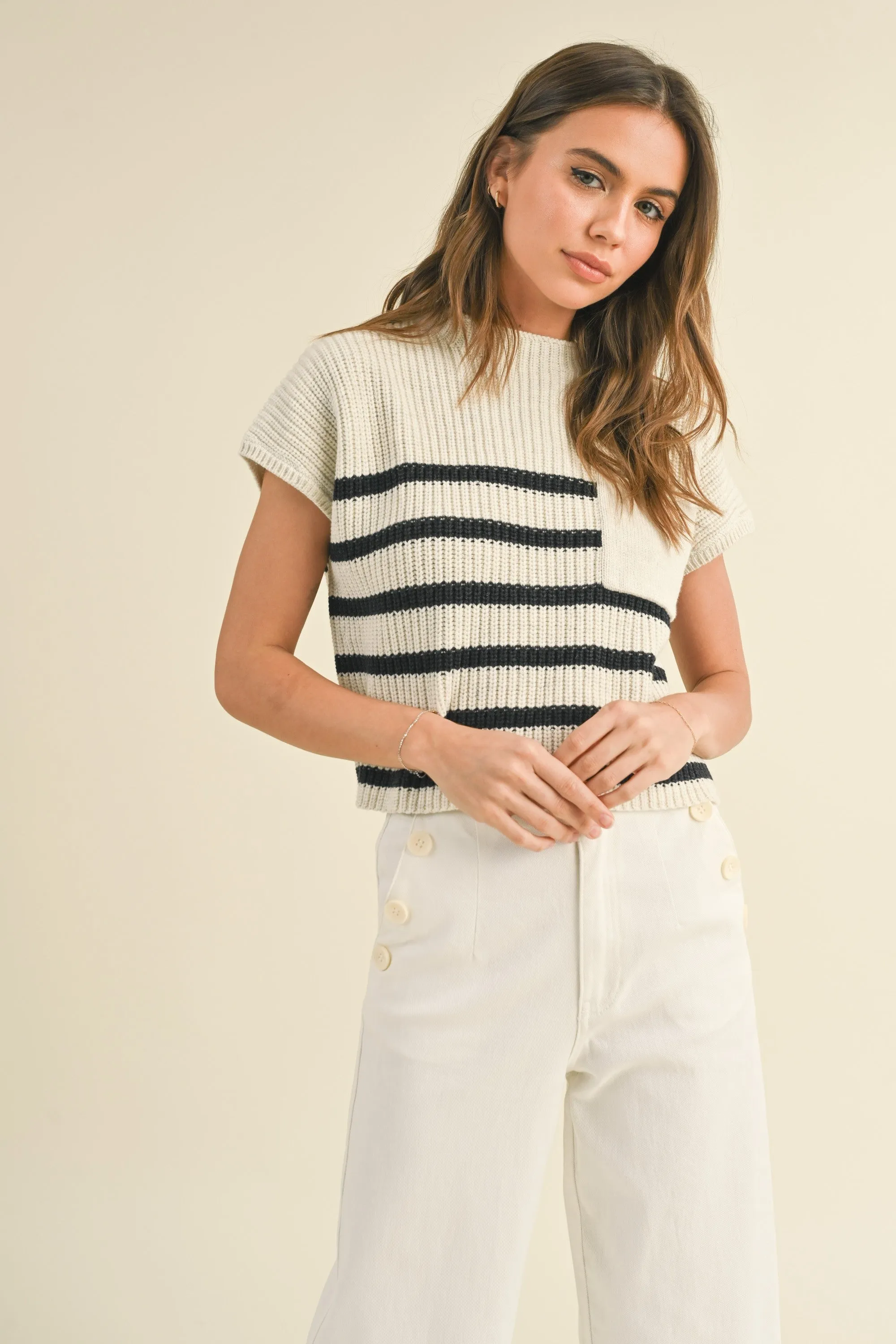 White Charcoal Half Mock Neck Striped Knit Top sold by Pinkblush
