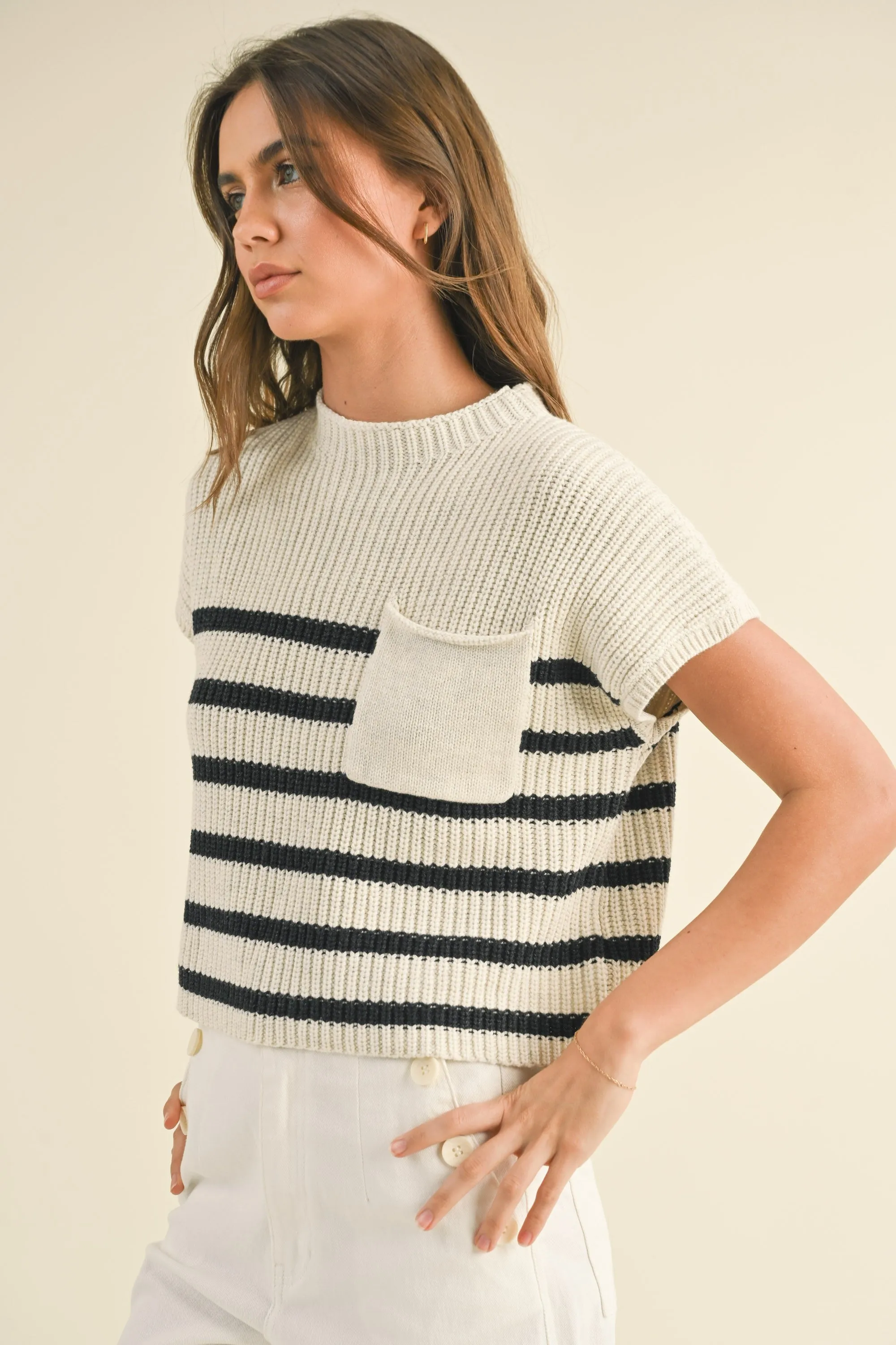 White Charcoal Half Mock Neck Striped Knit Top sold by Pinkblush product image thumbnail 2