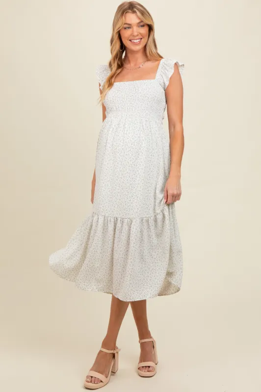 Cream Ruffle Strap Smocked Maternity Mid Dress sold by Pinkblush