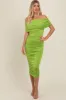 Lime Off Shoulder Ruched Midi Dress sold by Pinkblush