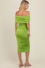 Lime Off Shoulder Ruched Midi Dress sold by Pinkblush