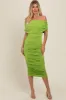 Lime Off Shoulder Ruched Midi Dress sold by Pinkblush