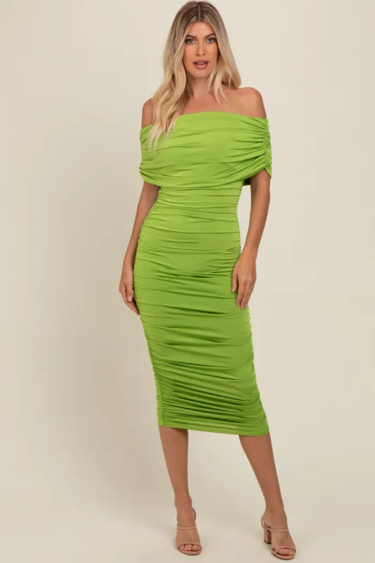 Lime Off Shoulder Ruched Midi Dress sold by Pinkblush