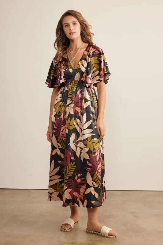 Black Tropical Print Flutter Sleeve Satin Midi Dress sold by Pinkblush
