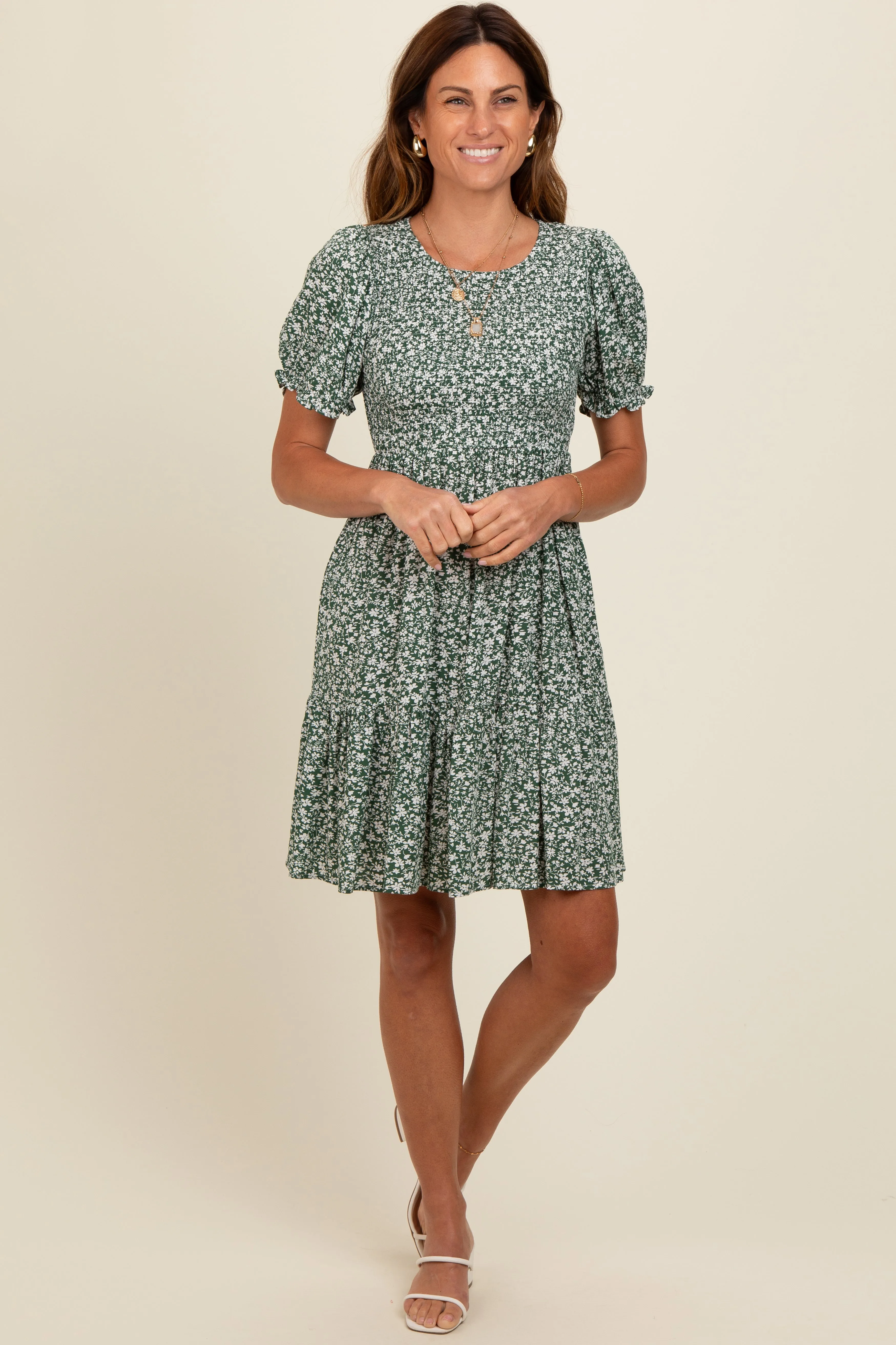 Light Olive Floral Puff Sleeve Smocked Dress sold by Pinkblush product image thumbnail 4