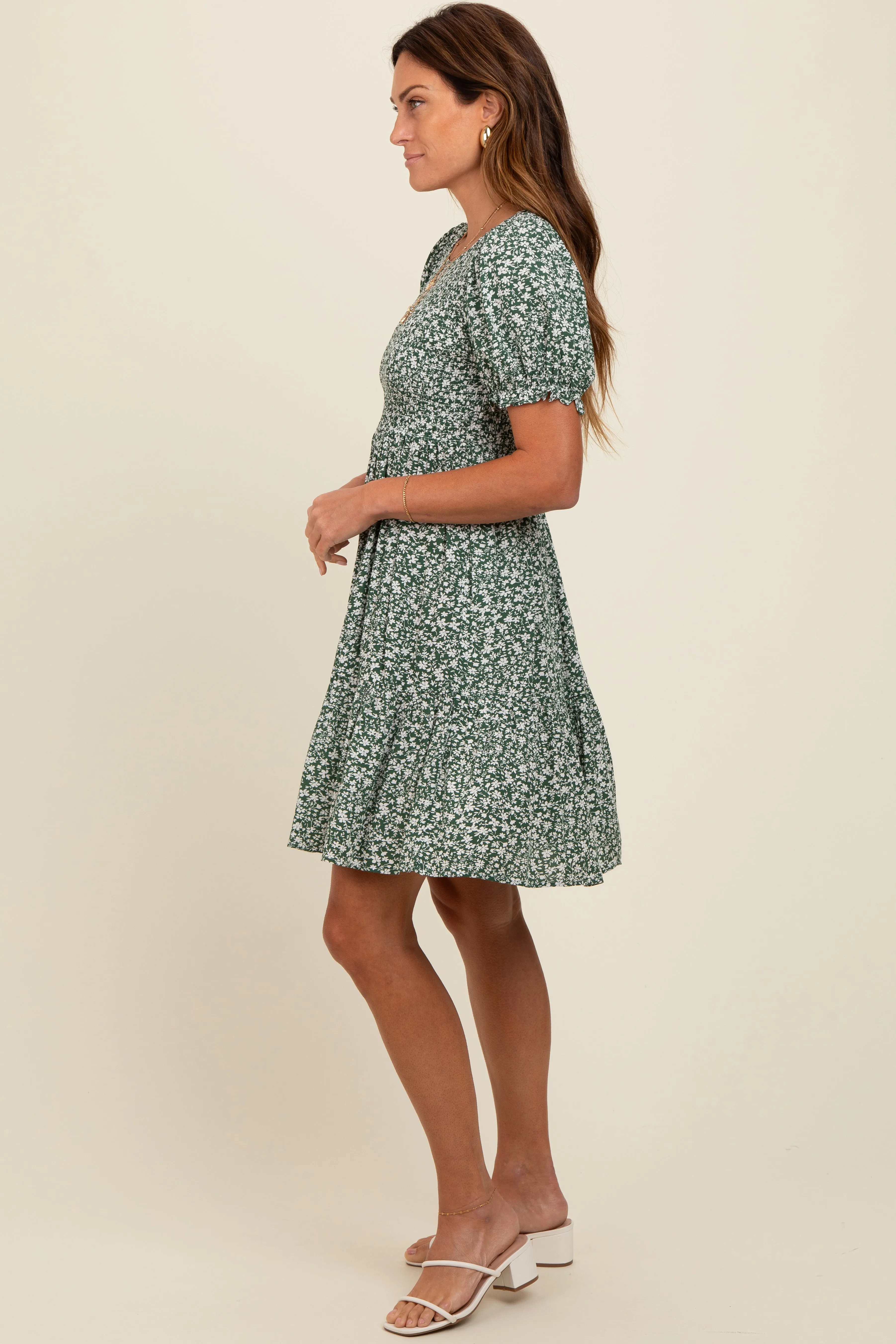 Light Olive Floral Puff Sleeve Smocked Dress sold by Pinkblush product image thumbnail 5