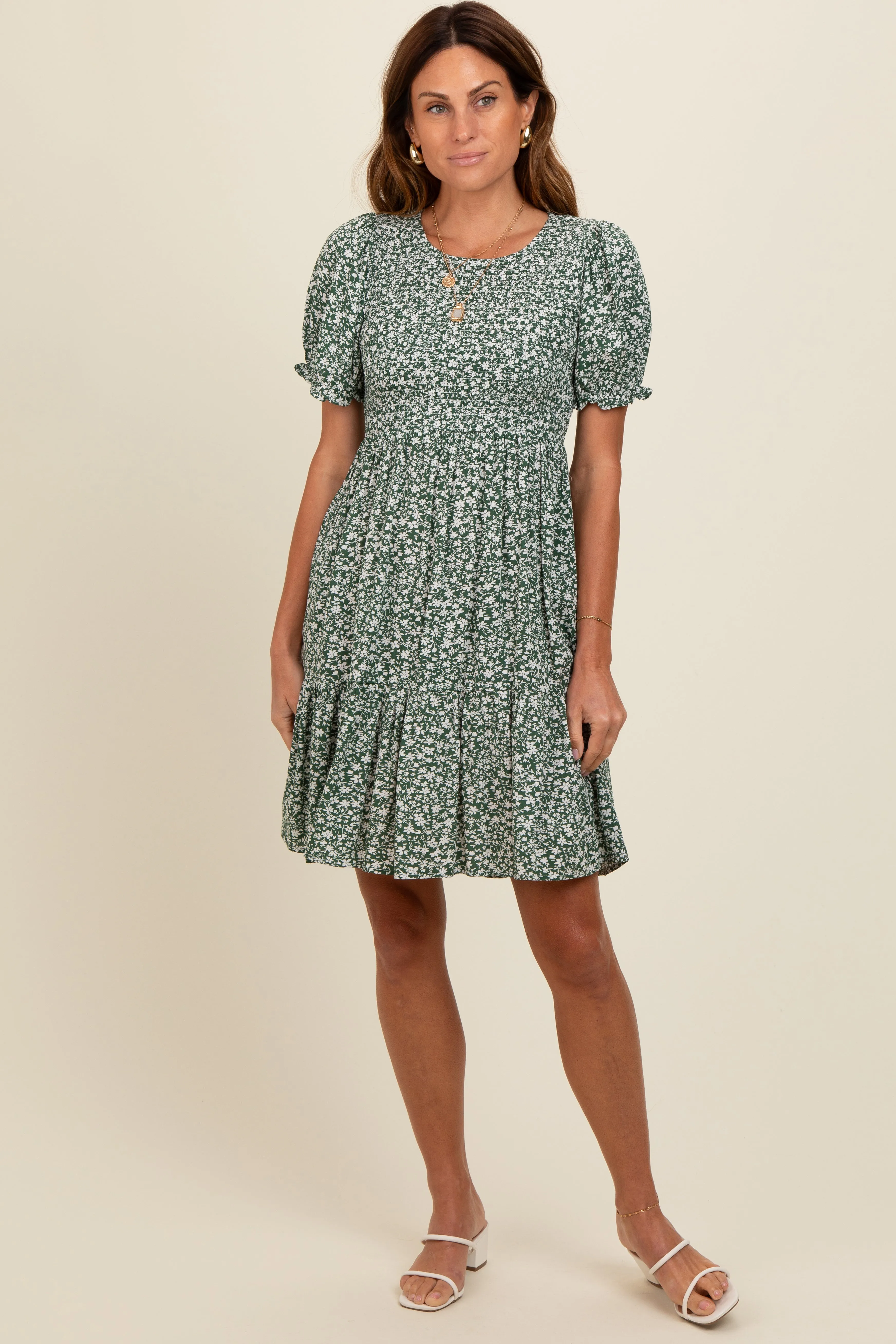 Light Olive Floral Puff Sleeve Smocked Dress sold by Pinkblush product image thumbnail 3