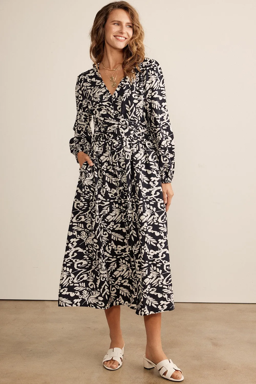 Black Abstract Floral Gathered Front Midi Dress sold by Pinkblush