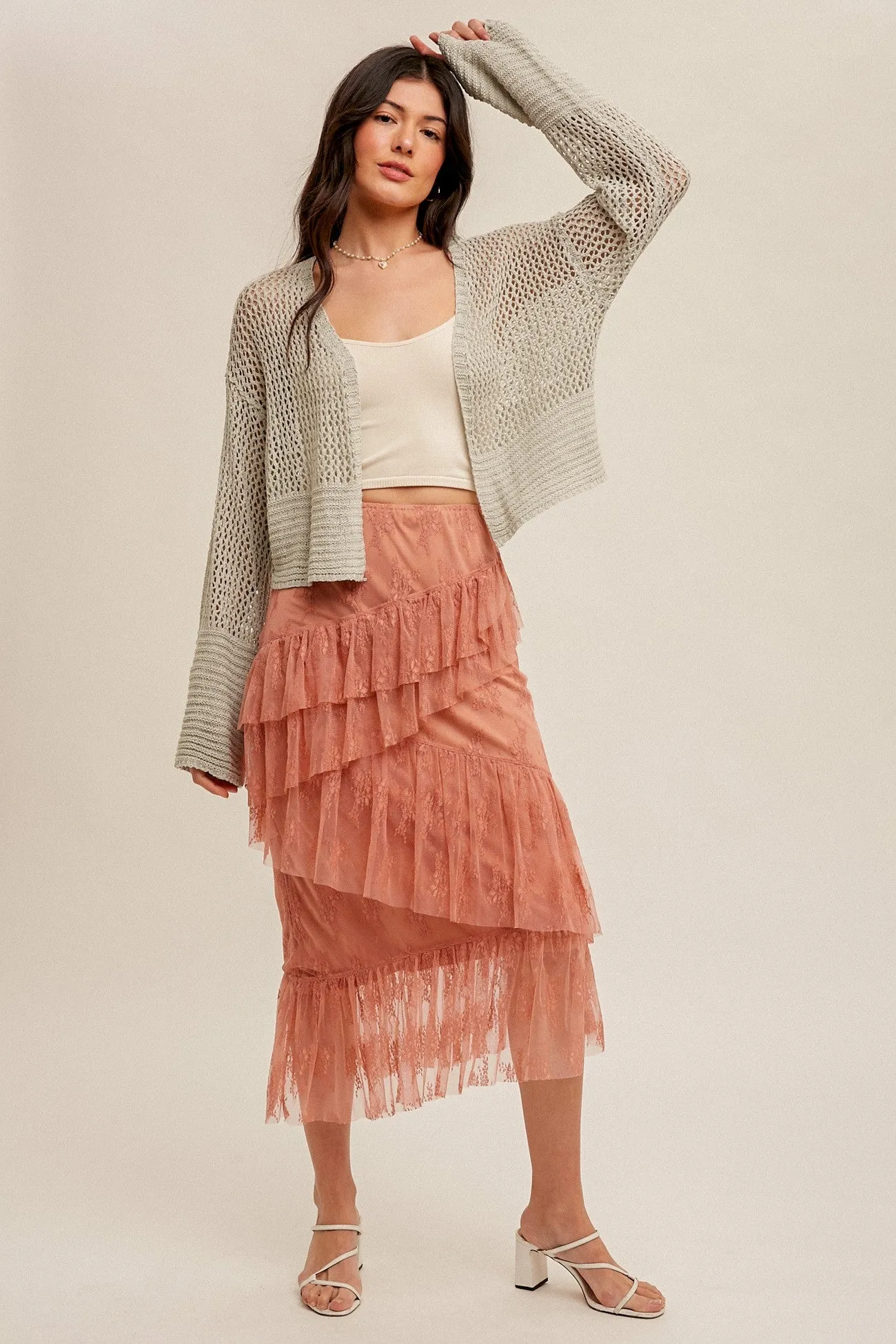 Rust Asymmetrical Tiered Lace Skirt sold by Pinkblush