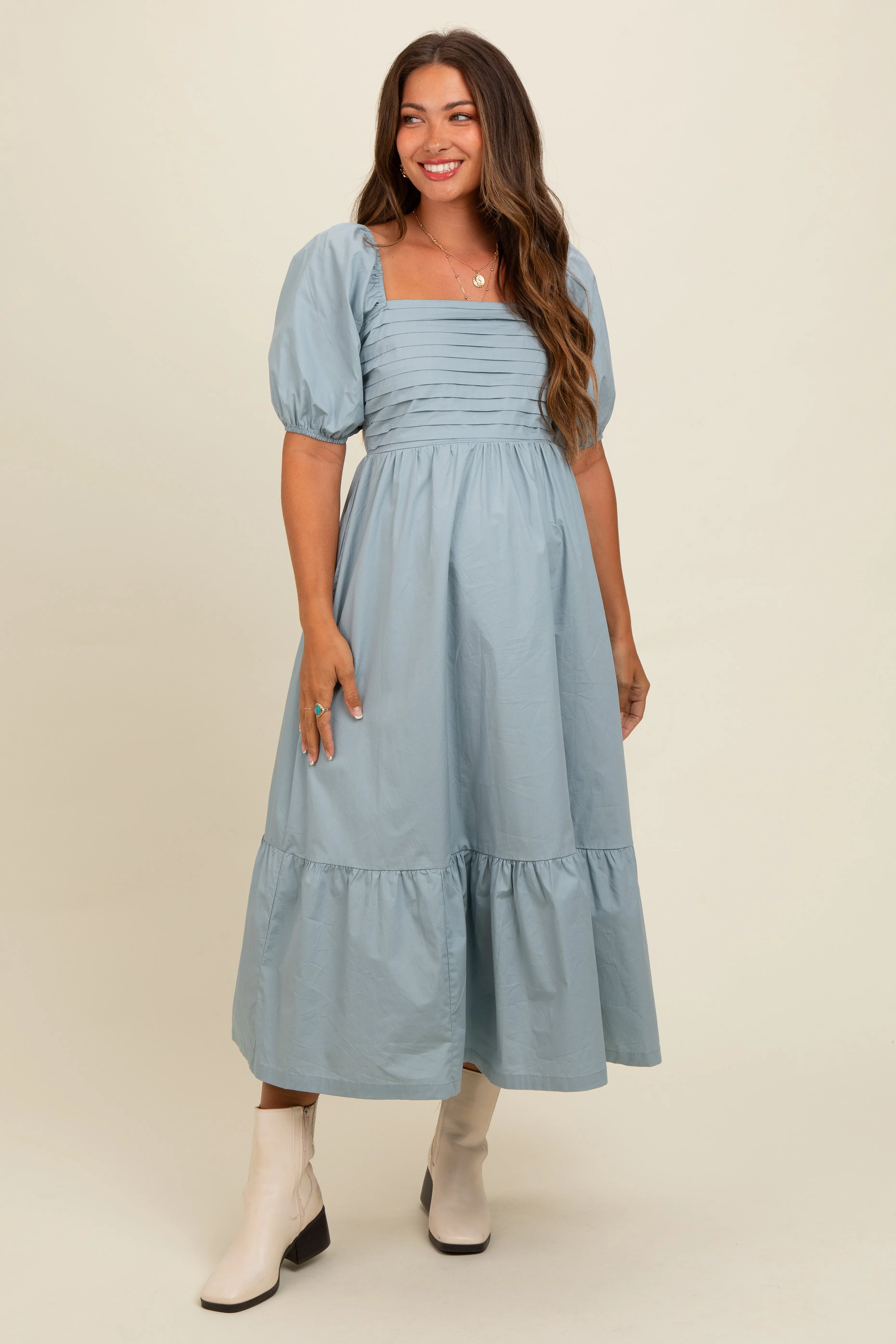 Light Blue Pleated Bodice Puff Sleeve Maternity Midi Dress sold by Pinkblush product image thumbnail 2