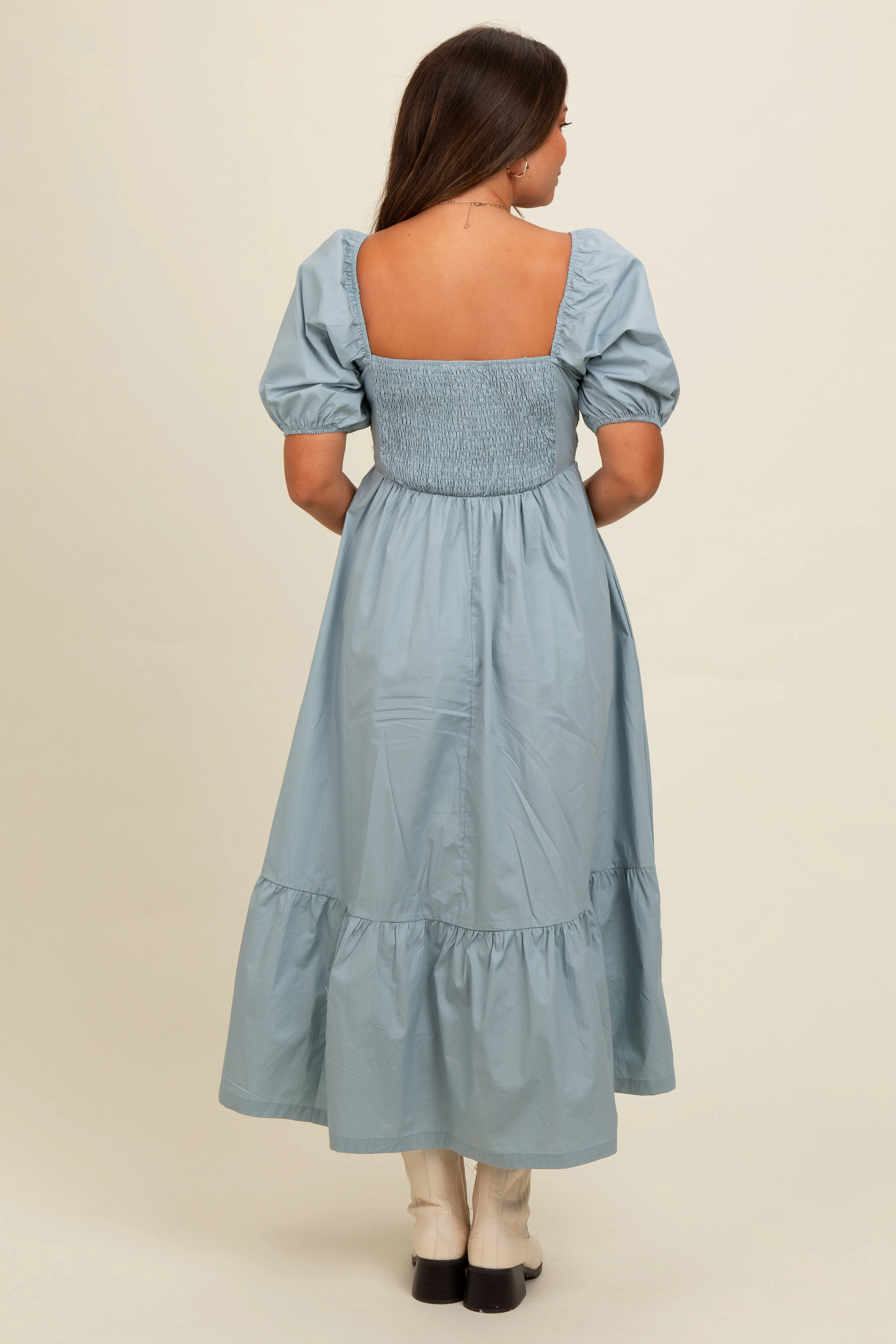 Light Blue Pleated Bodice Puff Sleeve Maternity Midi Dress sold by Pinkblush product image thumbnail 3