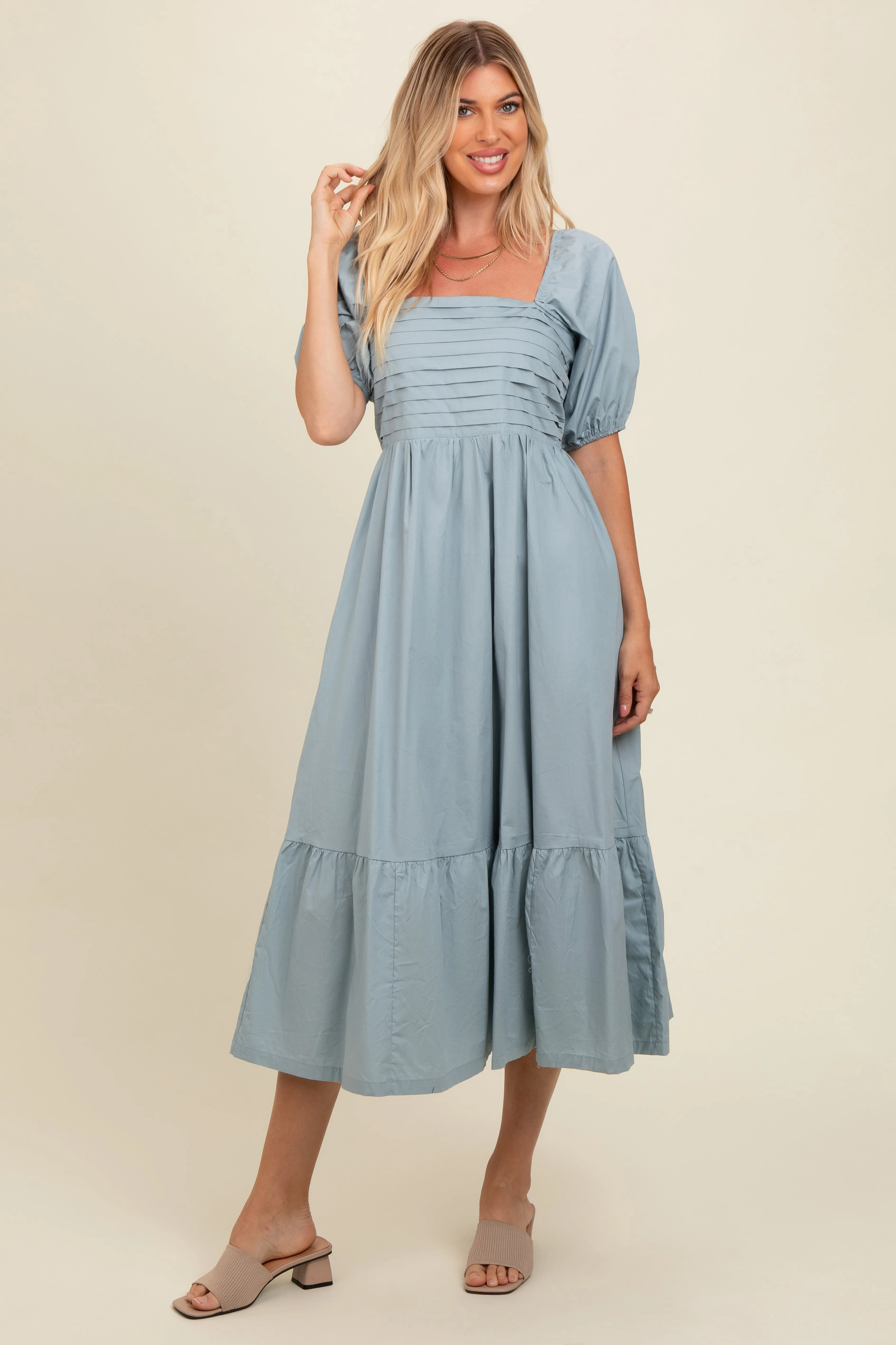 Light Blue Pleated Bodice Puff Sleeve Maternity Midi Dress sold by Pinkblush product image thumbnail 4