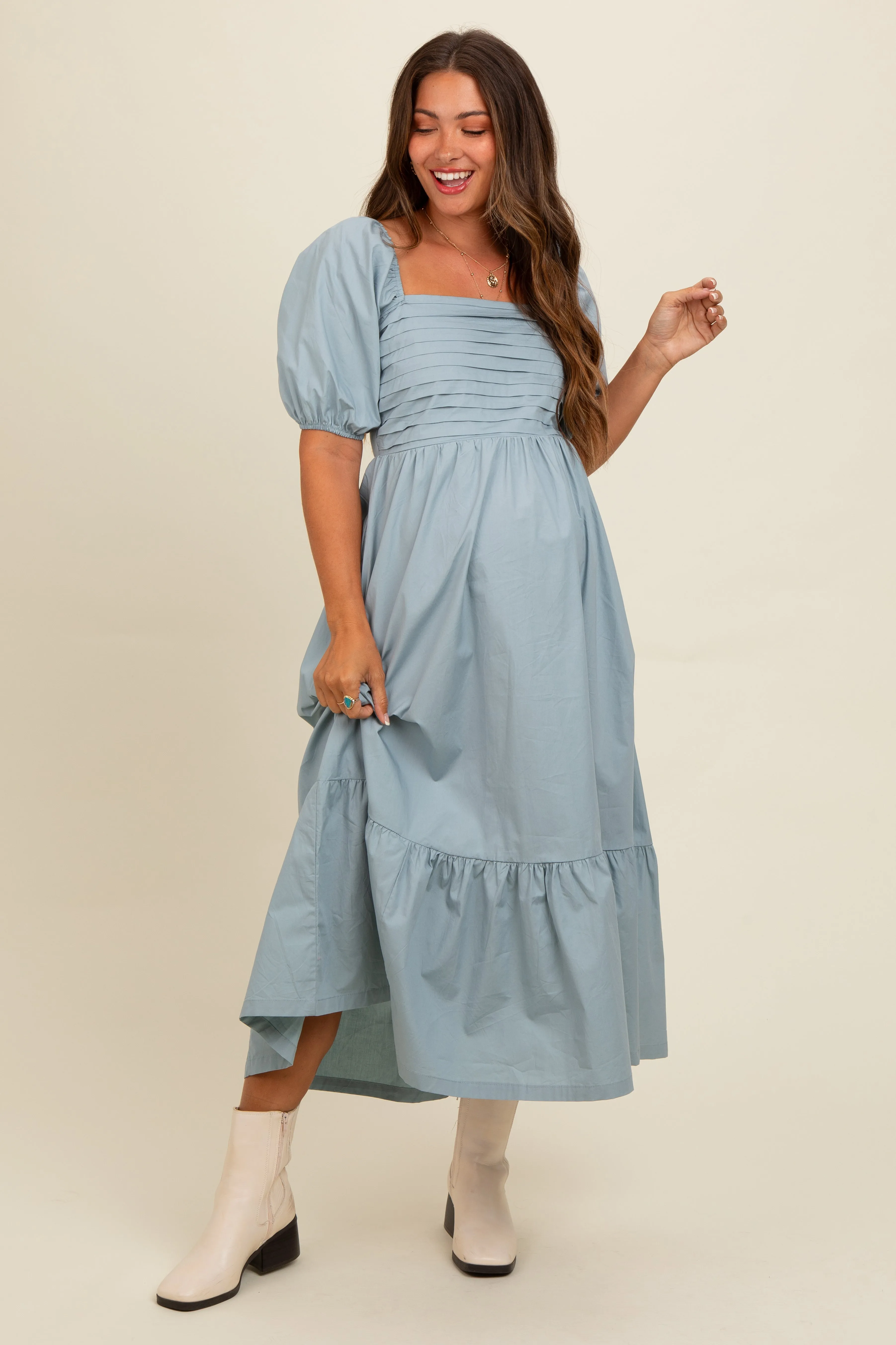 Light Blue Pleated Bodice Puff Sleeve Maternity Midi Dress sold by Pinkblush