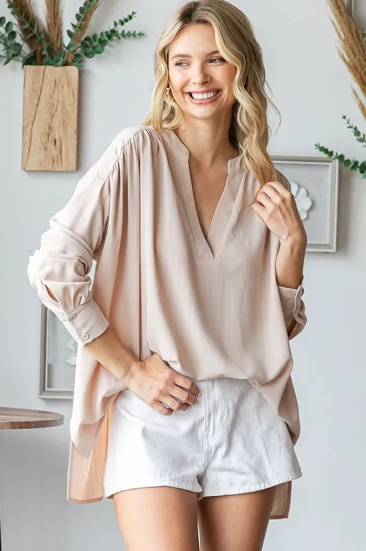 Beige V-Neck Oversized Blouse sold by Pinkblush